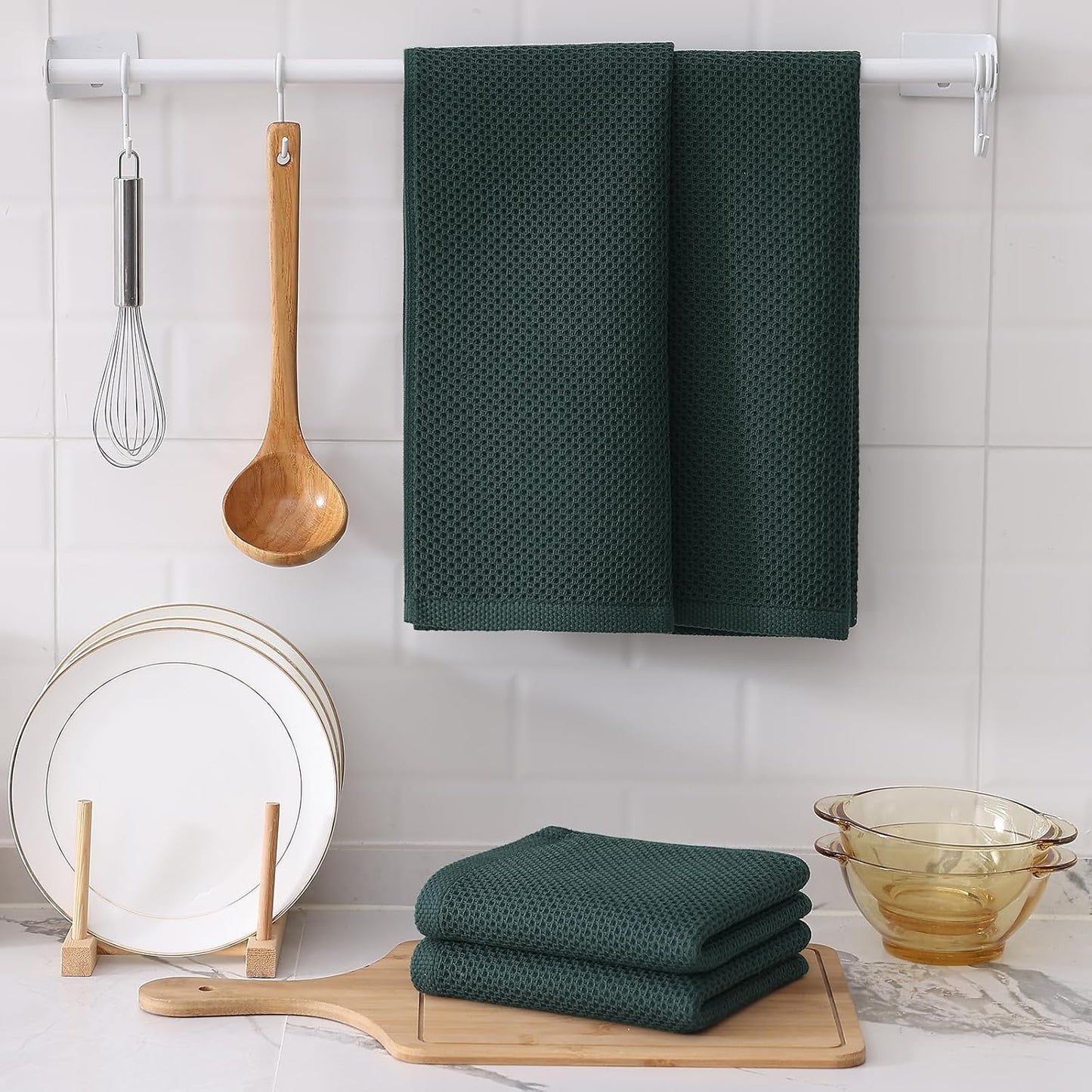 Kitinjoy Cotton Waffle 6-Pack Kitchen Towels, 13" x 28", Blackish Green | Super Soft, Ultra-Absorbent, Fast Drying