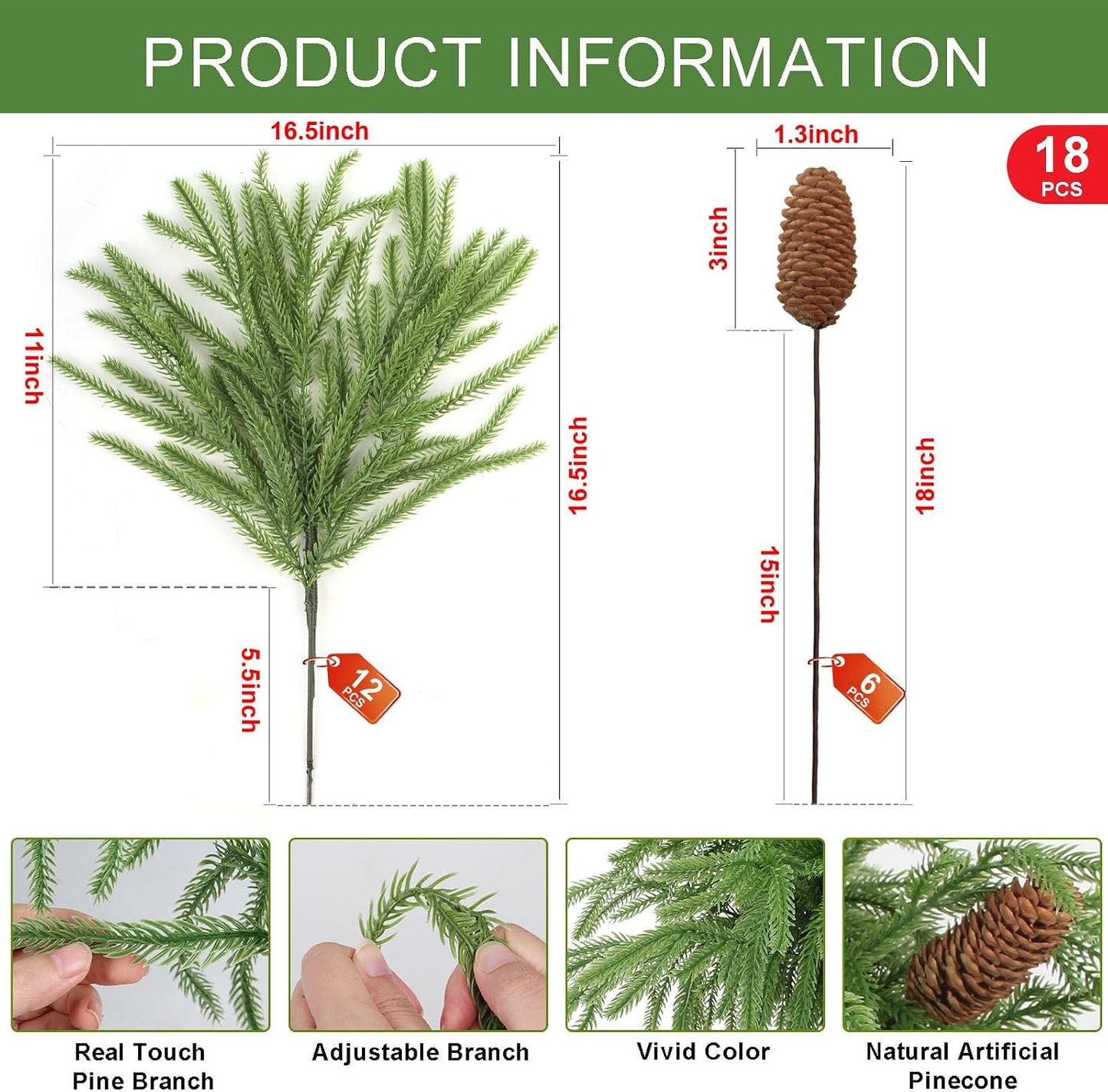 Christmas Norfolk Pine Branches / Pinecone Pick / Set of 18