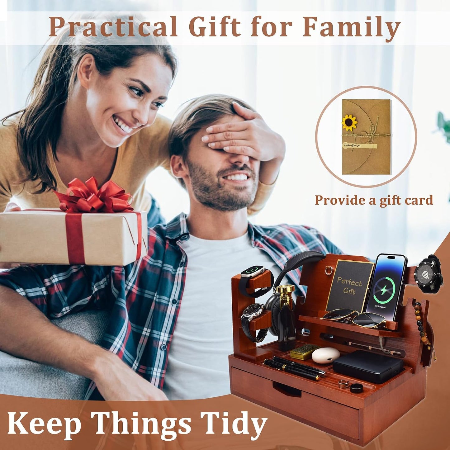 Nightstand Organizer for Men with Large Drawer, Wood Phone Docking Station for Phone, Apple Watch, Wallet & Keys, Ideal