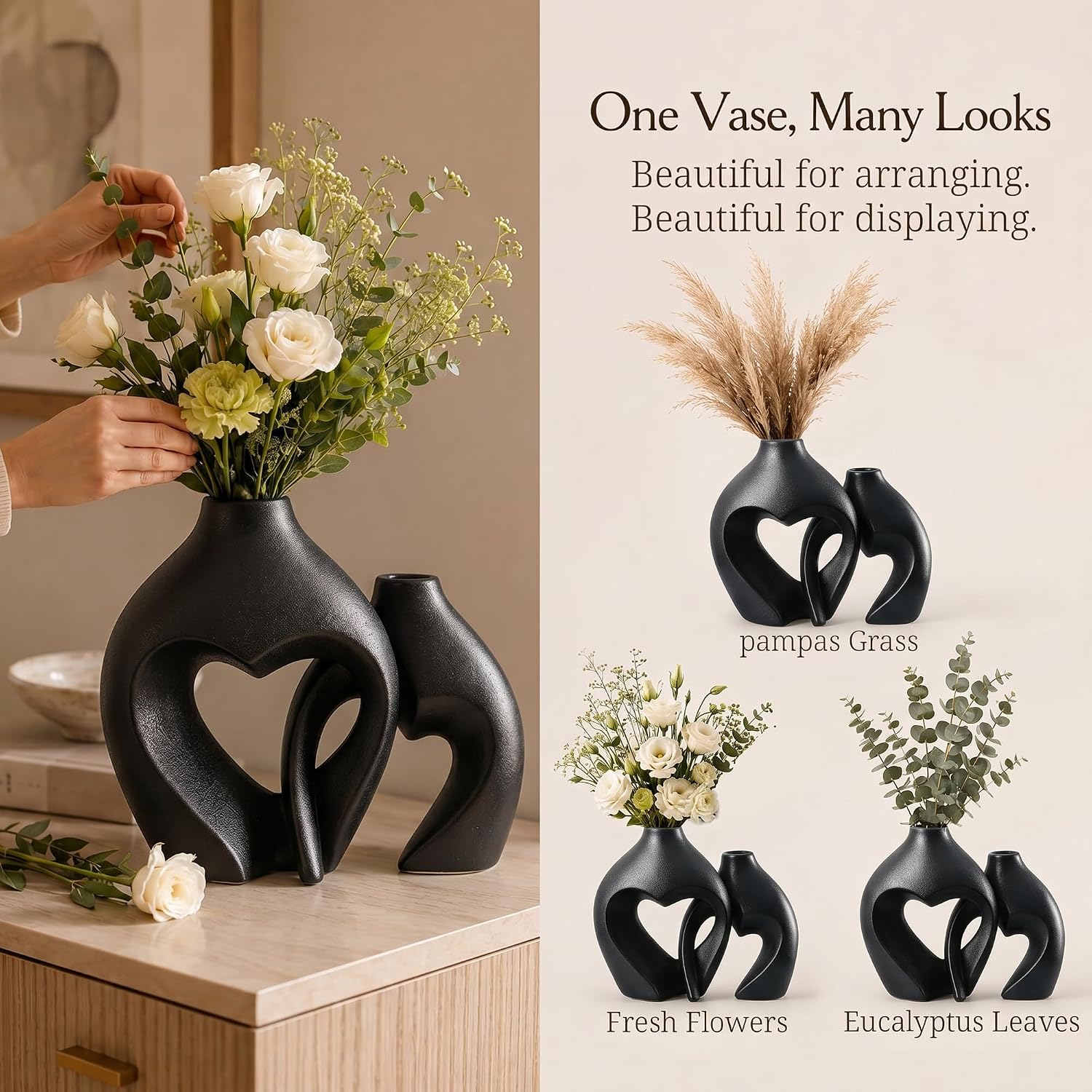 Ceramic Flower Vases Home Decor Heart Shaped Vase Nordic Heart Shaped Vases / Black / Set of 2