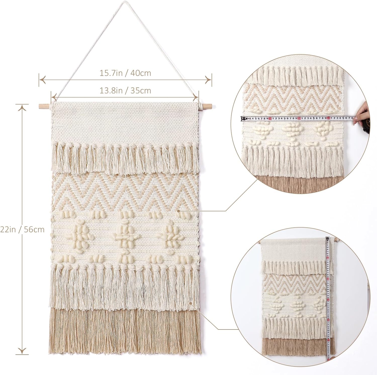 Macrame Woven Wall Hanging Home Decor Bohemian Beige Geometric Wave Art Decor / Beige Wool Ball