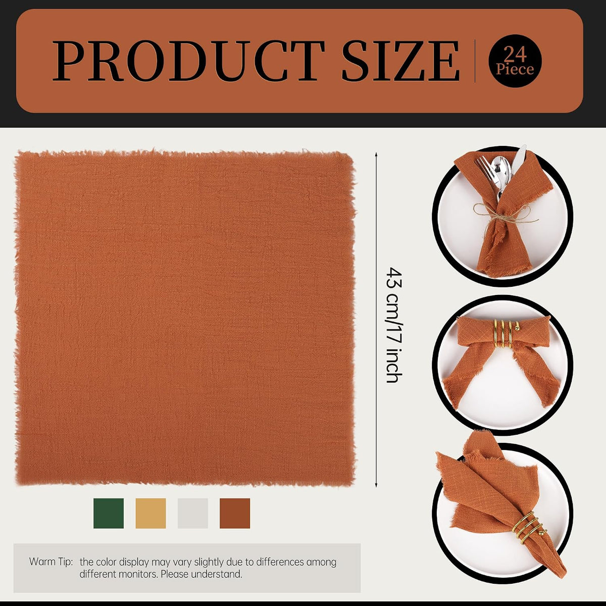 TURSTIN 24 Pieces Thanksgiving Cotton Linen Cloth Napkin Handmade Cloth | Fall Napkin with Fringe 17 x 17 Inch Soft
