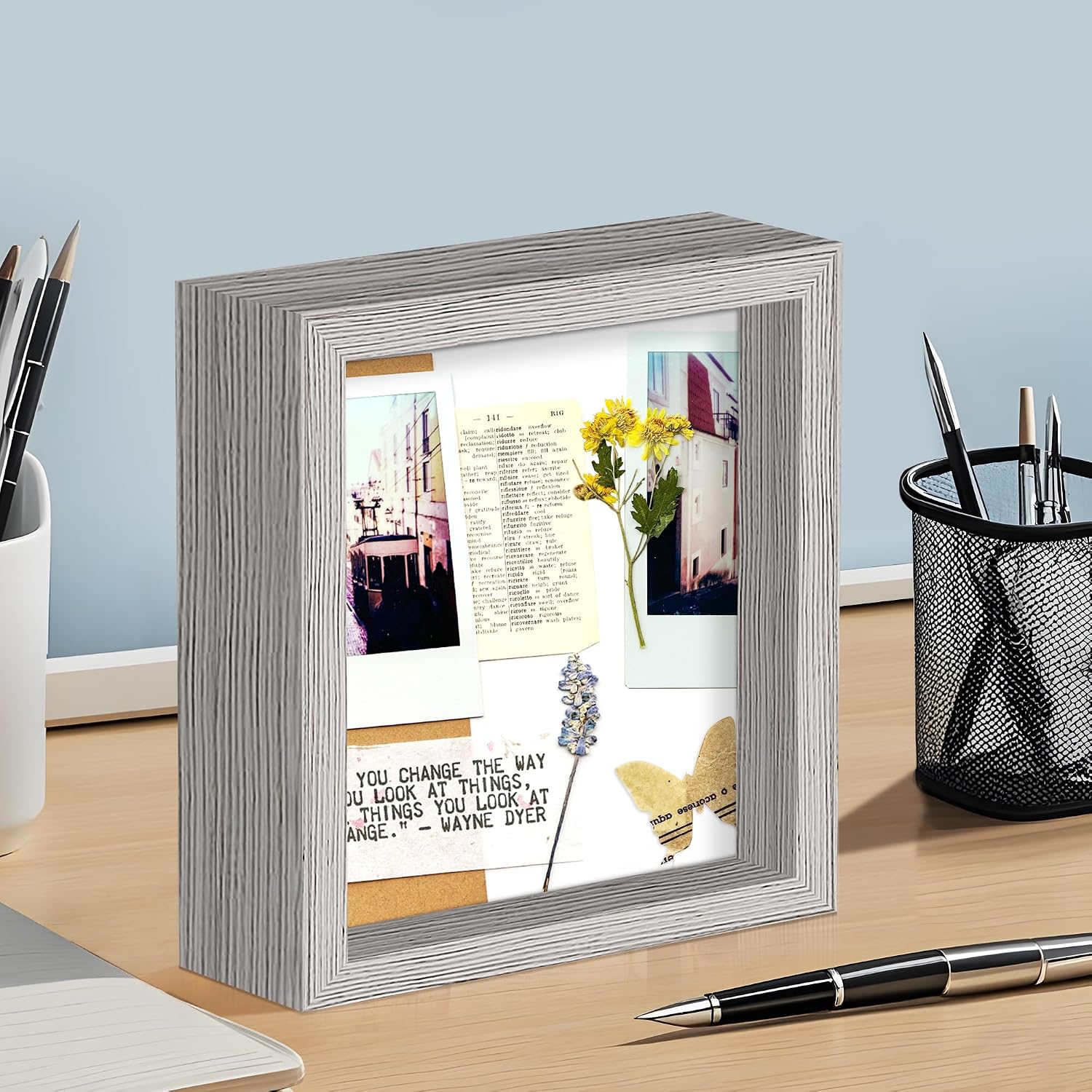 12x12 Gray Wooden Shadow Box Frame, 1.2" Deep, Tempered Glass | Black Backboard, Tabletop & Vertical/Horizontal Wall