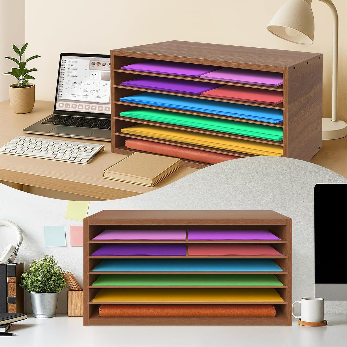 Construction Paper Organizer 20" x 13.5" x12.2",Soild Wooden Paper Organizer with 6-Tier Letter Trays, Desktop File