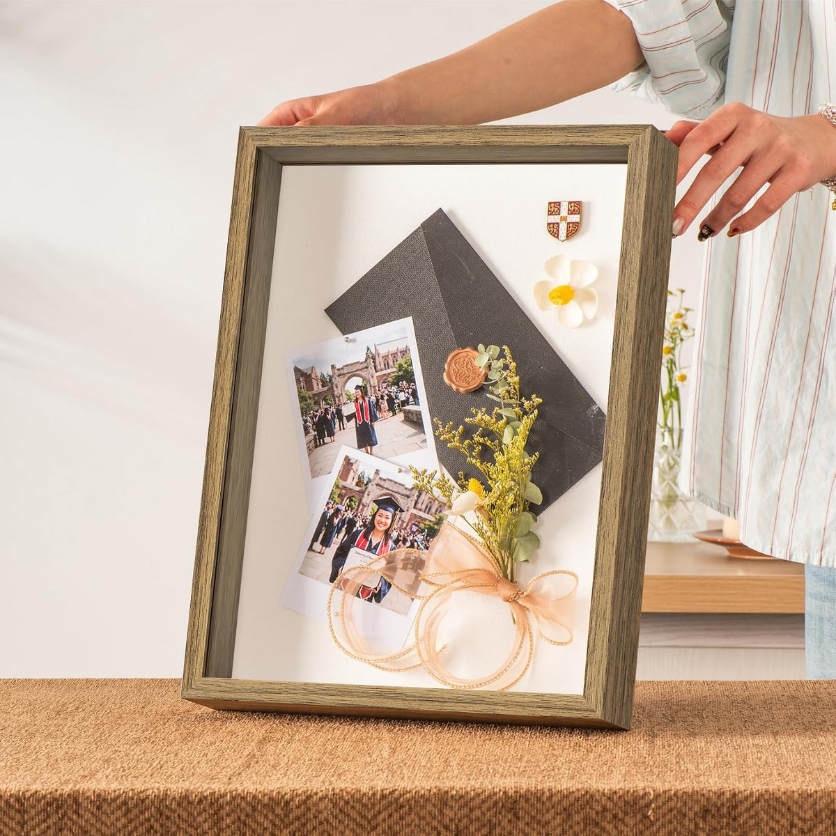 12x16 Large Shadow Box Frame with Thickened Acrylic Panel & Pins | With Push Pins, Deep 1.7" Brown Shadow Box Display