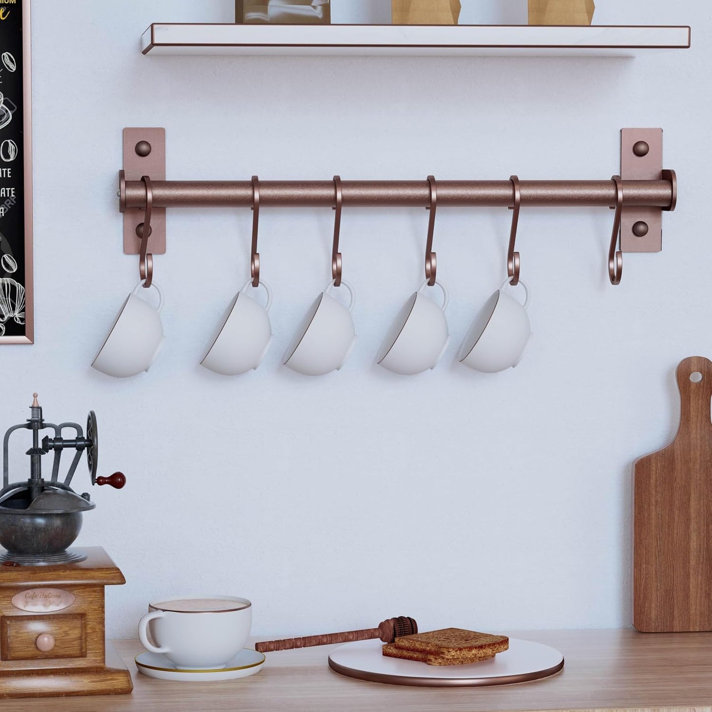 Kitchen Utensil Holder Hanger, Pot and Pan Rack Wall Mounted, Kitchen Rail with 8 Hooks for Hanging Cooking Utensils