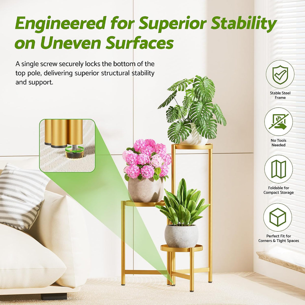 3 Tiered Plant Stand Indoor for Multiple Large Planter, Tall Heavy Duty Adjustable Folding Rack with Rustproof 7.9 Inch