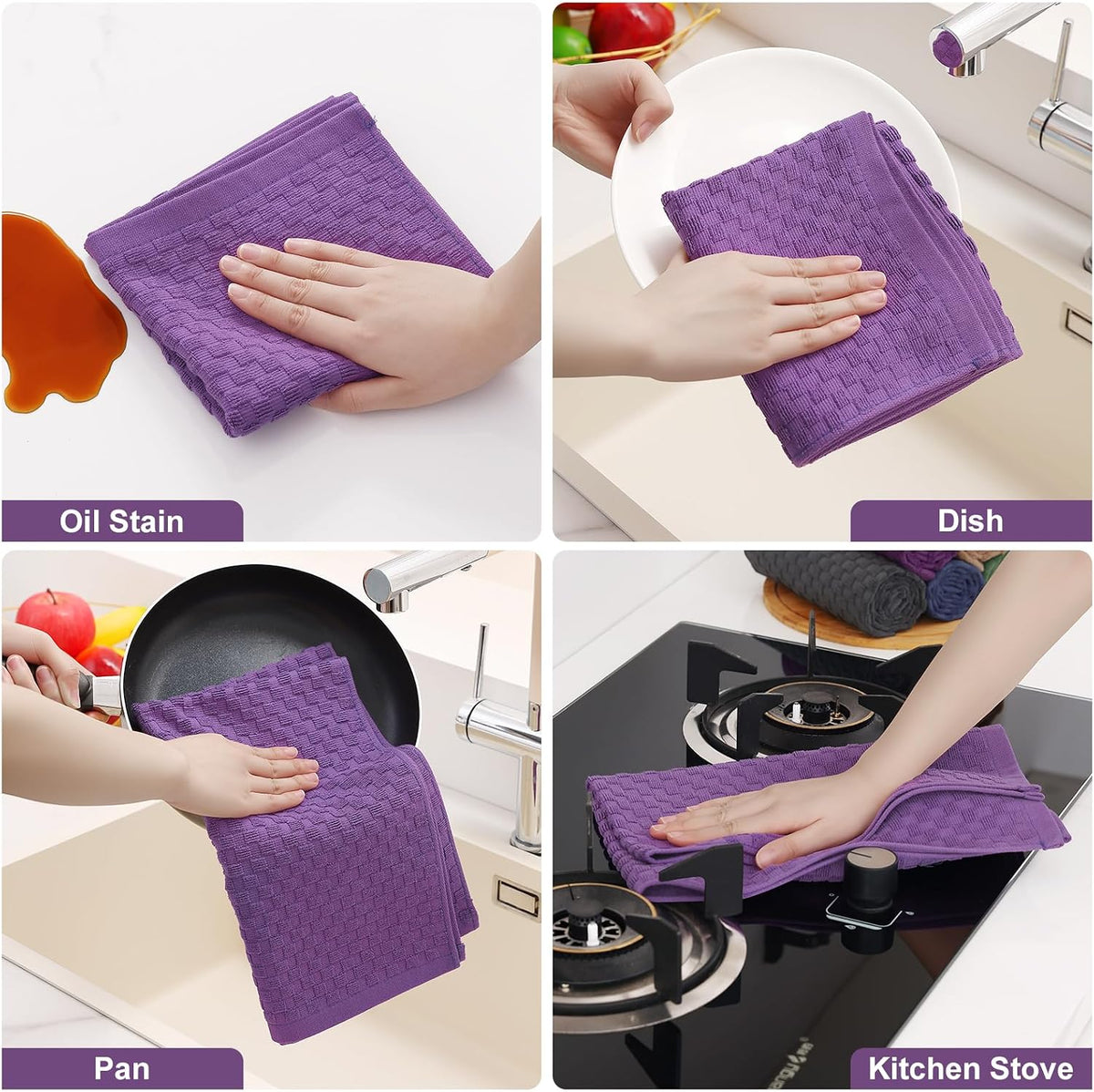 Homaxy 100% Cotton Terry Kitchen Towels(15" x 25", 12 Pack), Purple | Soft and Super Absorbent Dish Towels, 380 GSM