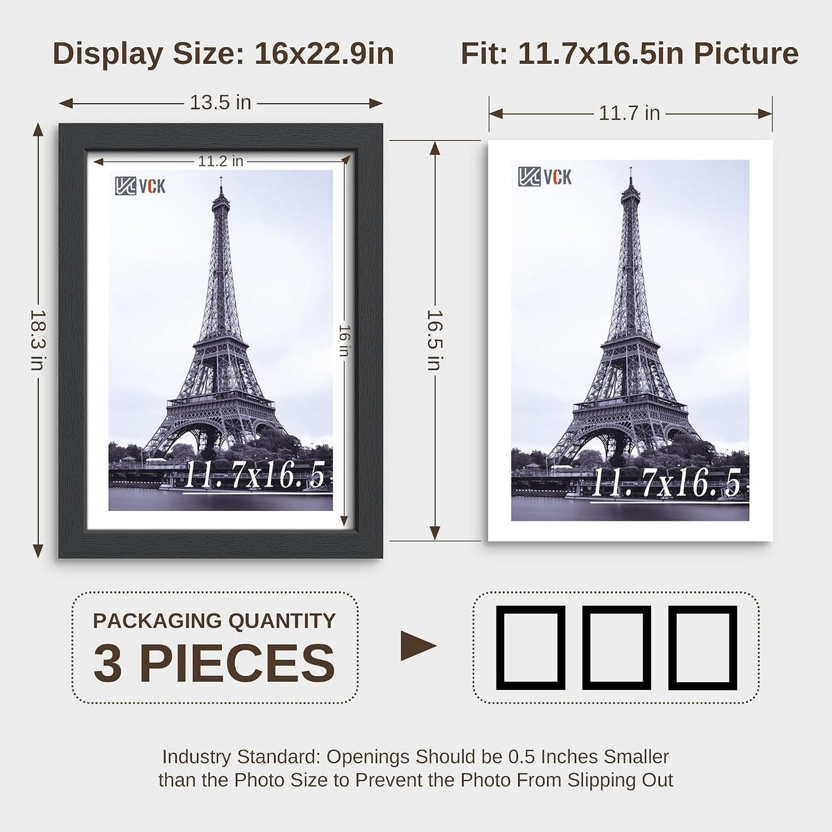 VCK A3 Solid Wood Picture Frame - Black 11.7x16.5 Poster Frames with Wall Mounting Hanging Set of 3