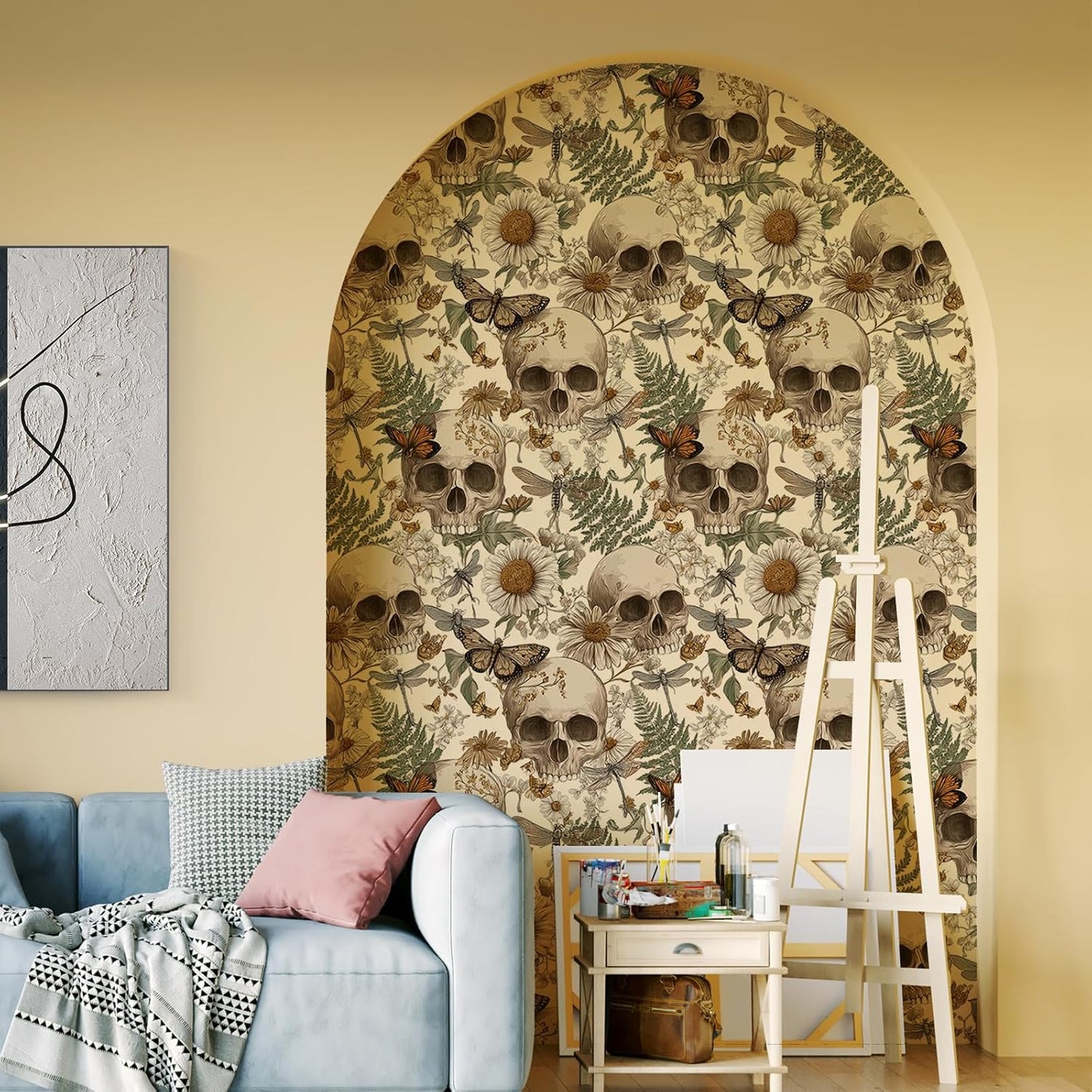 Skulls and Vintage Botanical Peel and Stick Wallpaper / 17.7 x 118.1 / Green/browns/white
