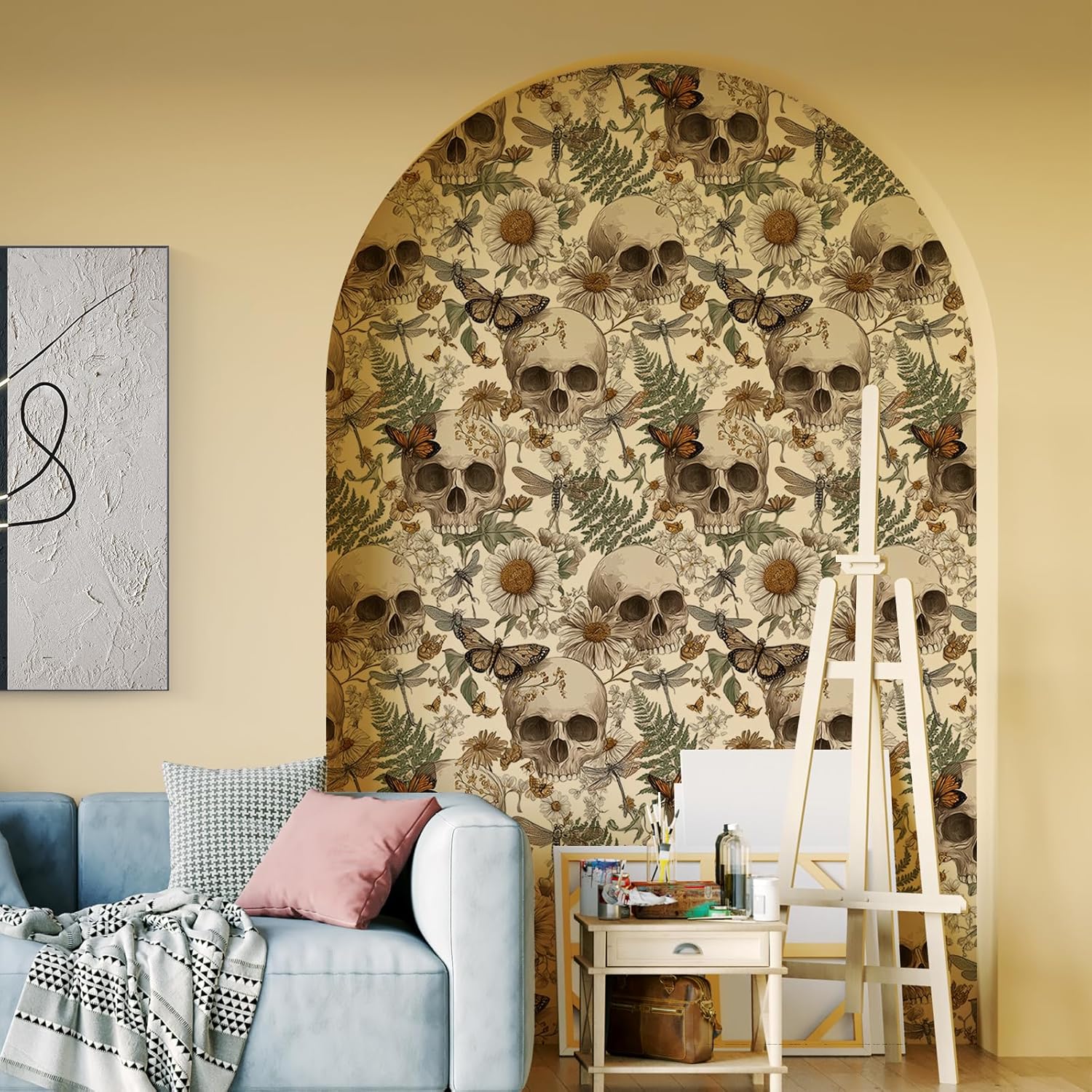 Skulls and Vintage Botanical Peel and Stick Wallpaper / 17.7 x 118.1 / Green/browns/white