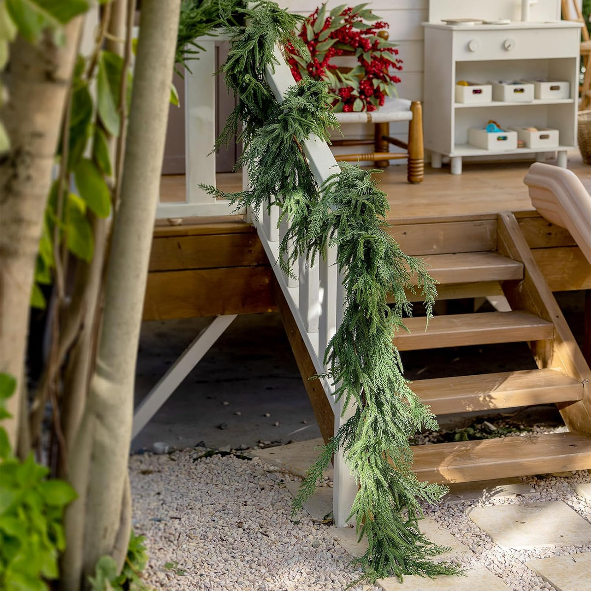 Christmas Norfolk Pine & Cedar Garland - 6 Ft mas Lighted Real Touch Mixed Green Artificial Greenery Garland for Table