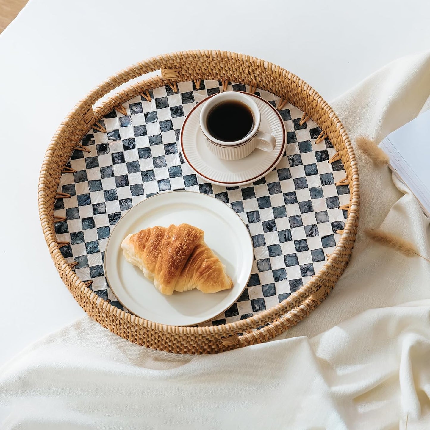 in Round Rattan Serving Tray / Black / 13.8 Inch