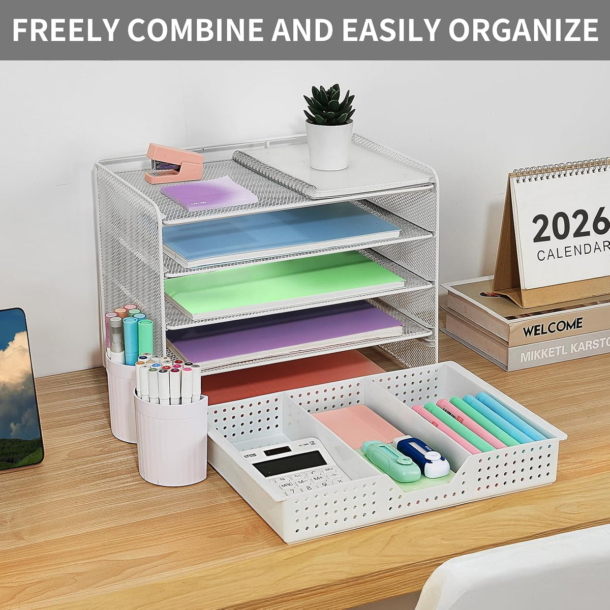 LEKETREE Desk Organizer and Accessories, 5-Tier Paper Letter Tray Organizer with Drawer & 2 Pen Holders for Desktop