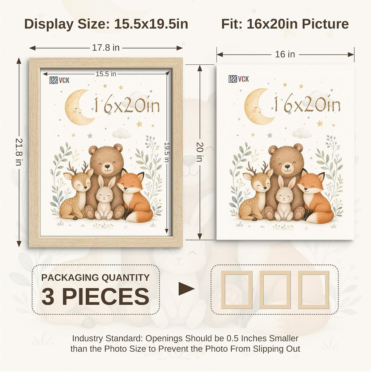 VCK 16x20 Picture Frames Set of 3, Natural Oak Woodgrain, Wall Hanging | Wide Border, Exclusive Woodgrain, Shatterproof