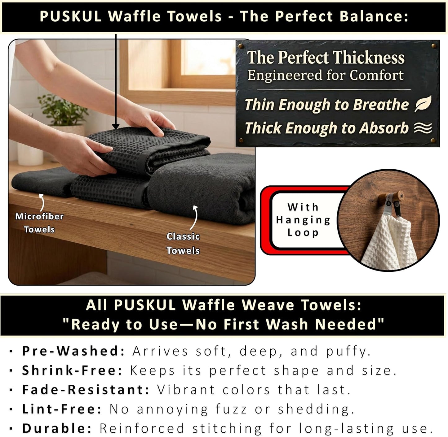 PÜSKÜL Natural 100% Turkish Cotton Waffle Bath Towels Set of 2, Extra-Large | Black, Oversize 32x63" Bath sheet towel