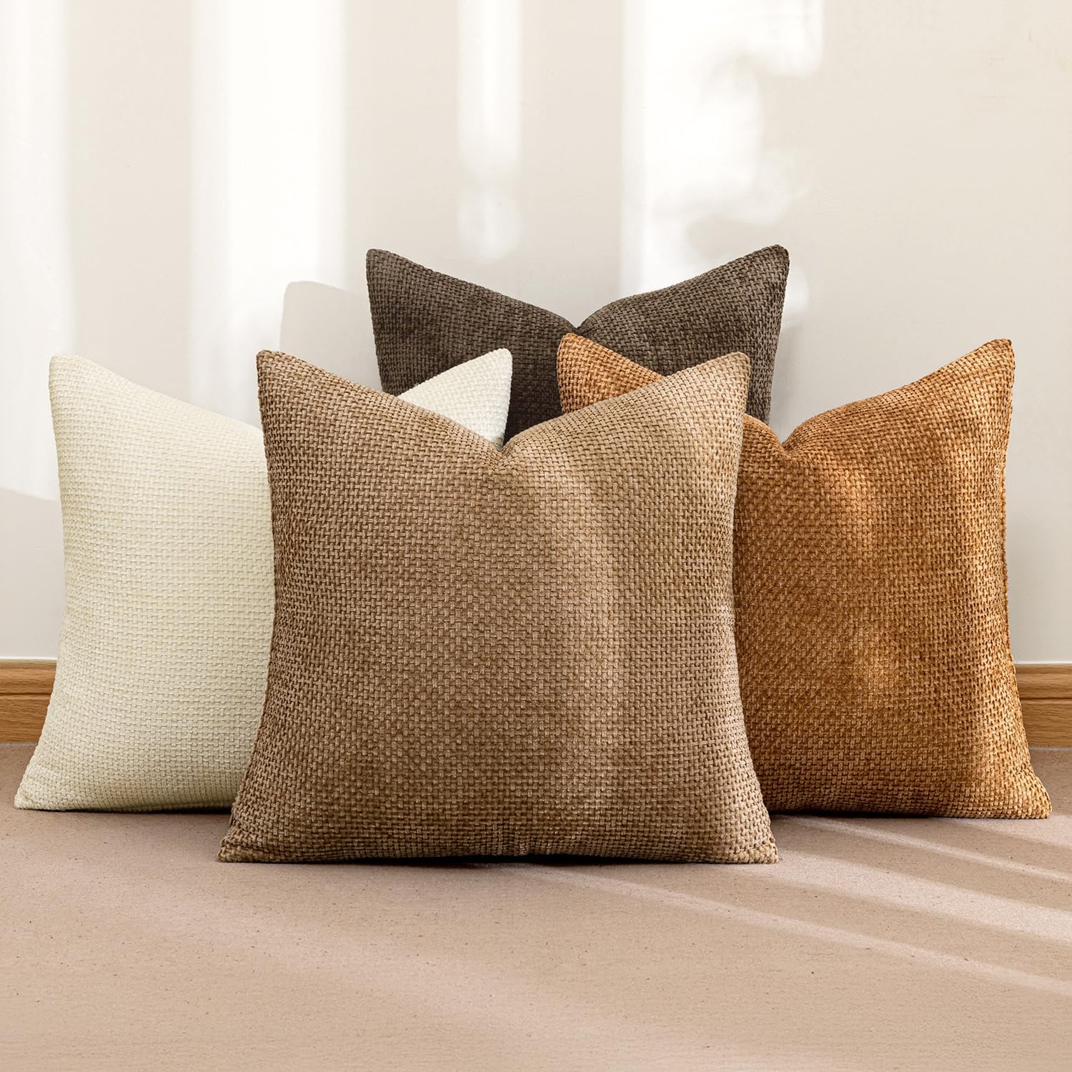 Couch Throw Pillow Covers Soft Decorative Chenille Pillows Farmhouse / 18 x 18 / Brown / Set of 4