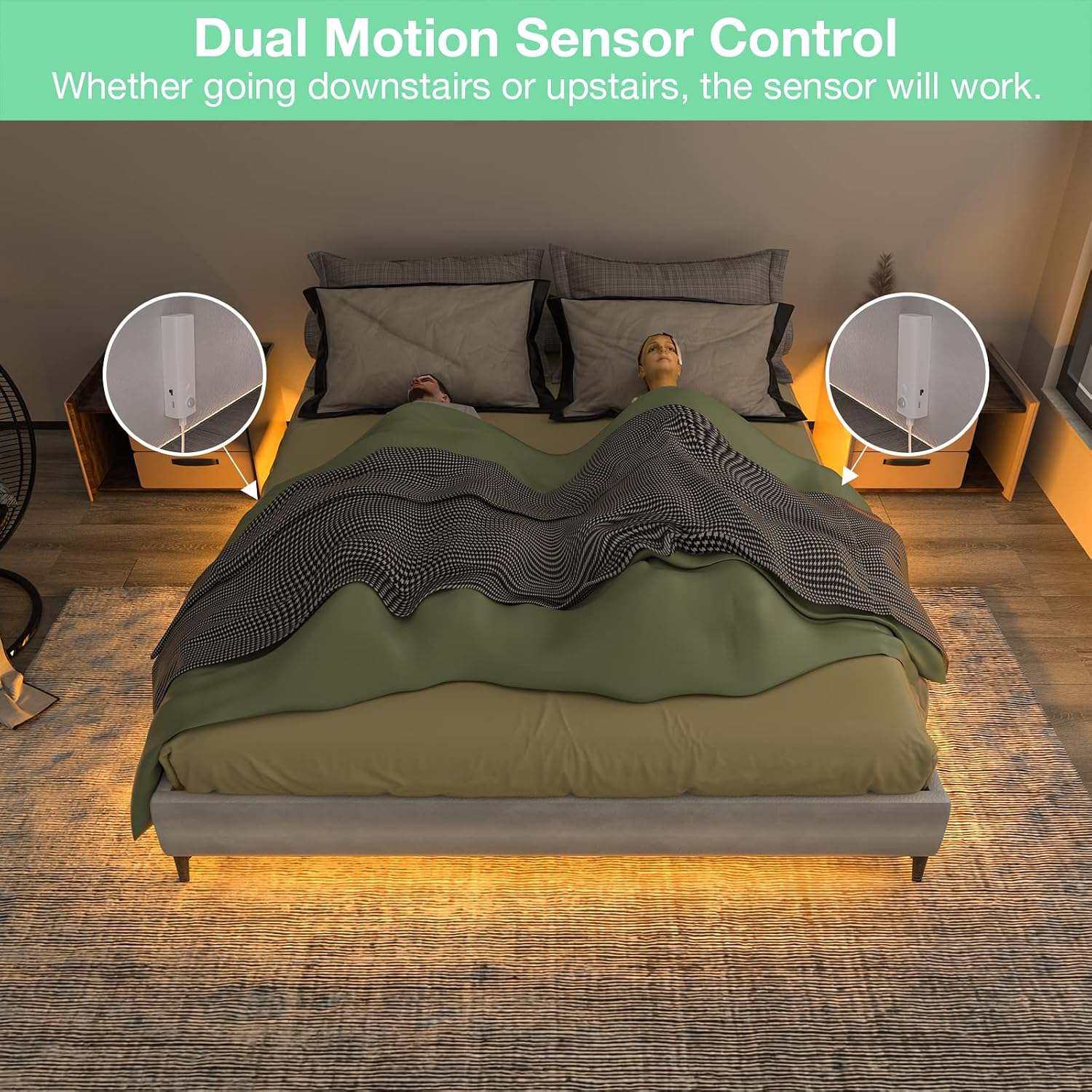 WOBANE 16.4ft Dual Motion Sensor Under Bed Lights,Rechargeable LED Strip | Battery Powered Tape Light for