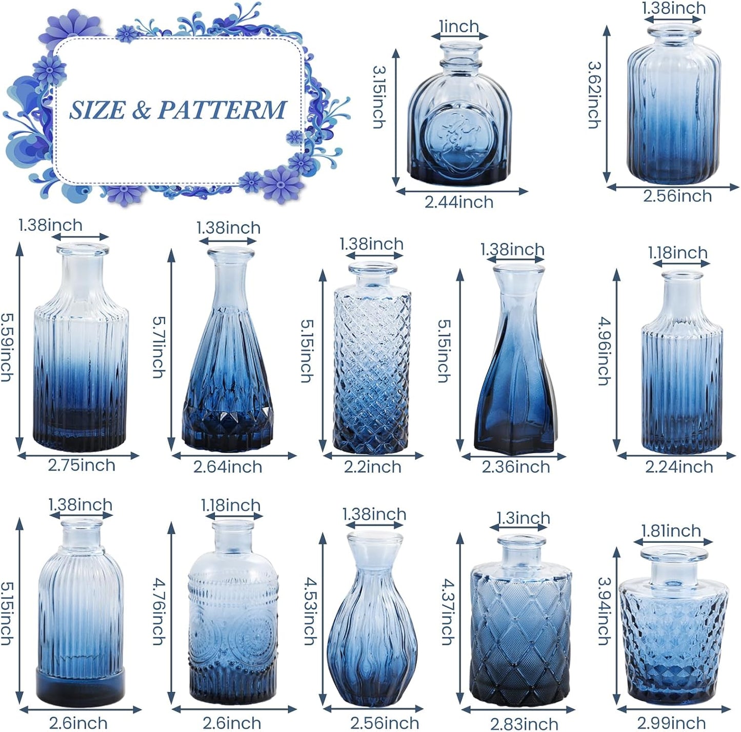 Glass Blue Bud Vases / Standard-blue / Set of 12