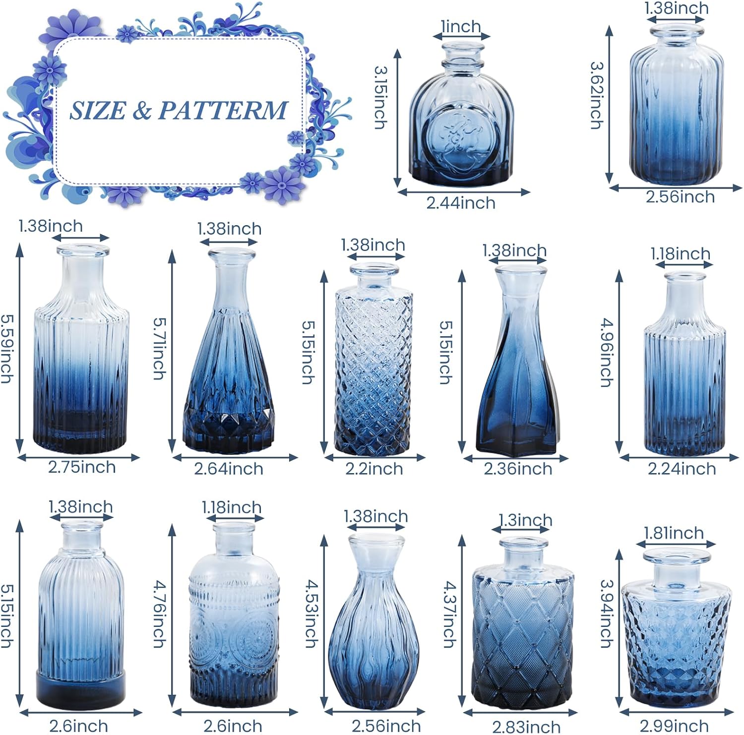 Glass Blue Bud Vases / Standard-blue / Set of 12