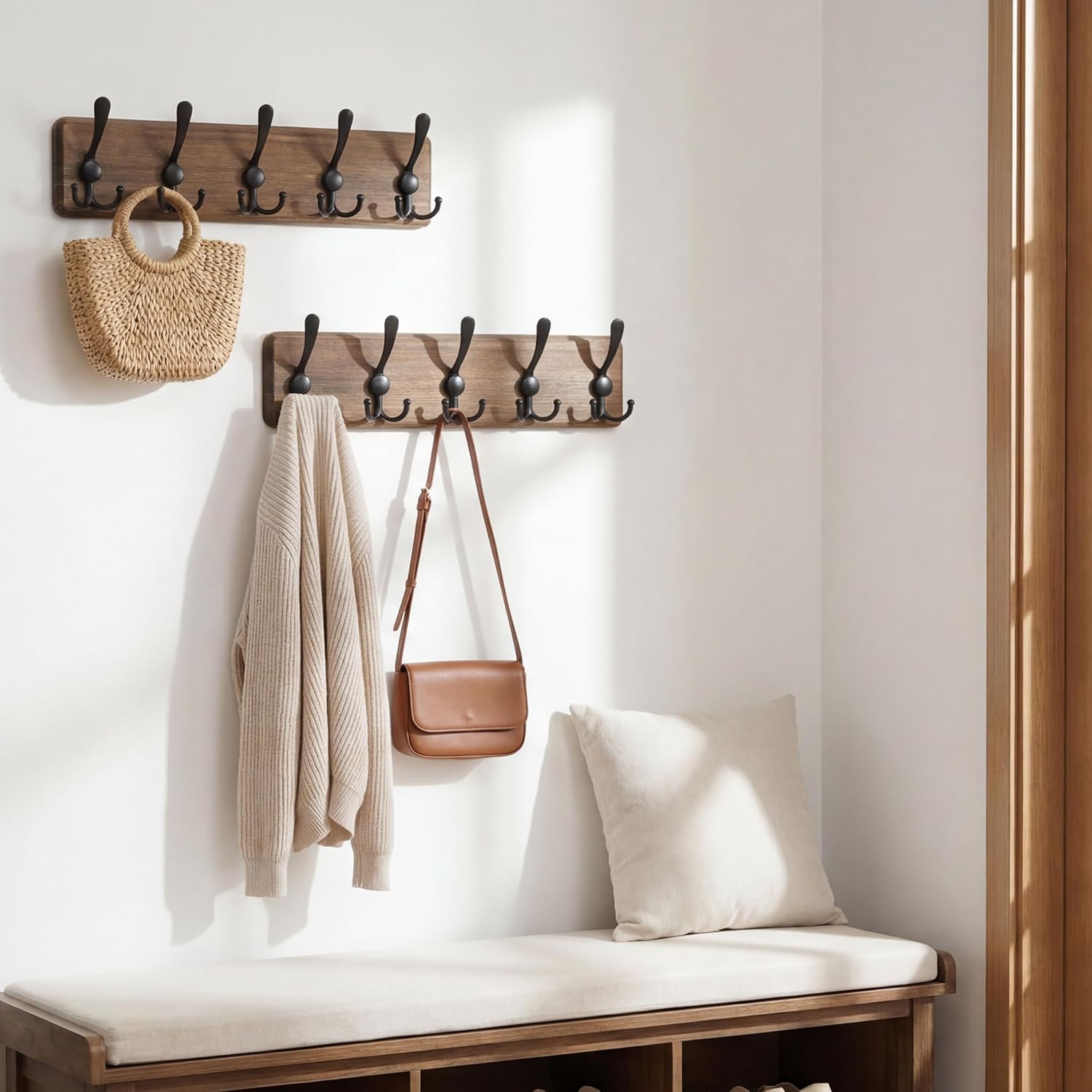 WEBI Rustic Coat Rack Wall Mount,Solid Wood Coat Hooks Wall Mounted Coat Hanger,16" Hole to Hole,Hook Rack Rail,5