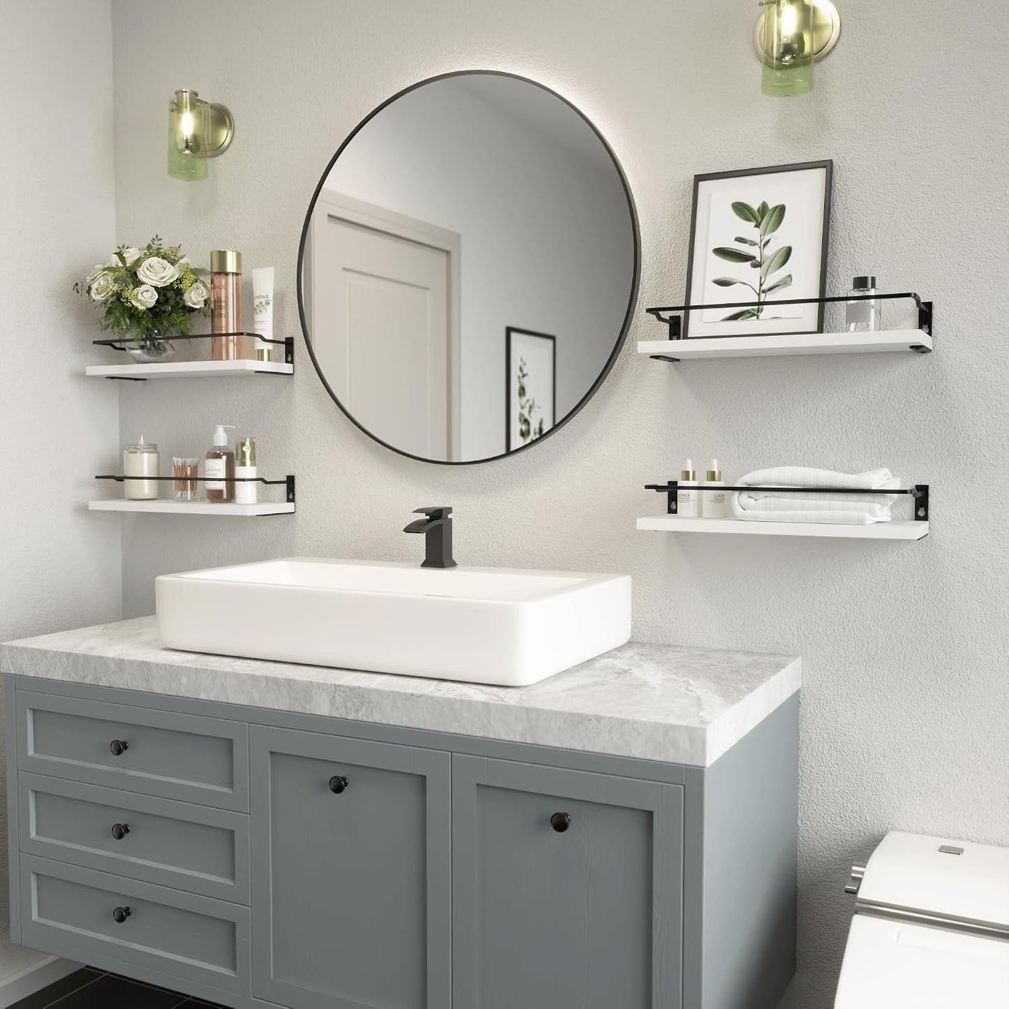 RICHER HOUSE White Bathroom Floating Wall Shelf Set of 4, Small Organizer Over Toilet Storage, Guard-Rail Kitchen