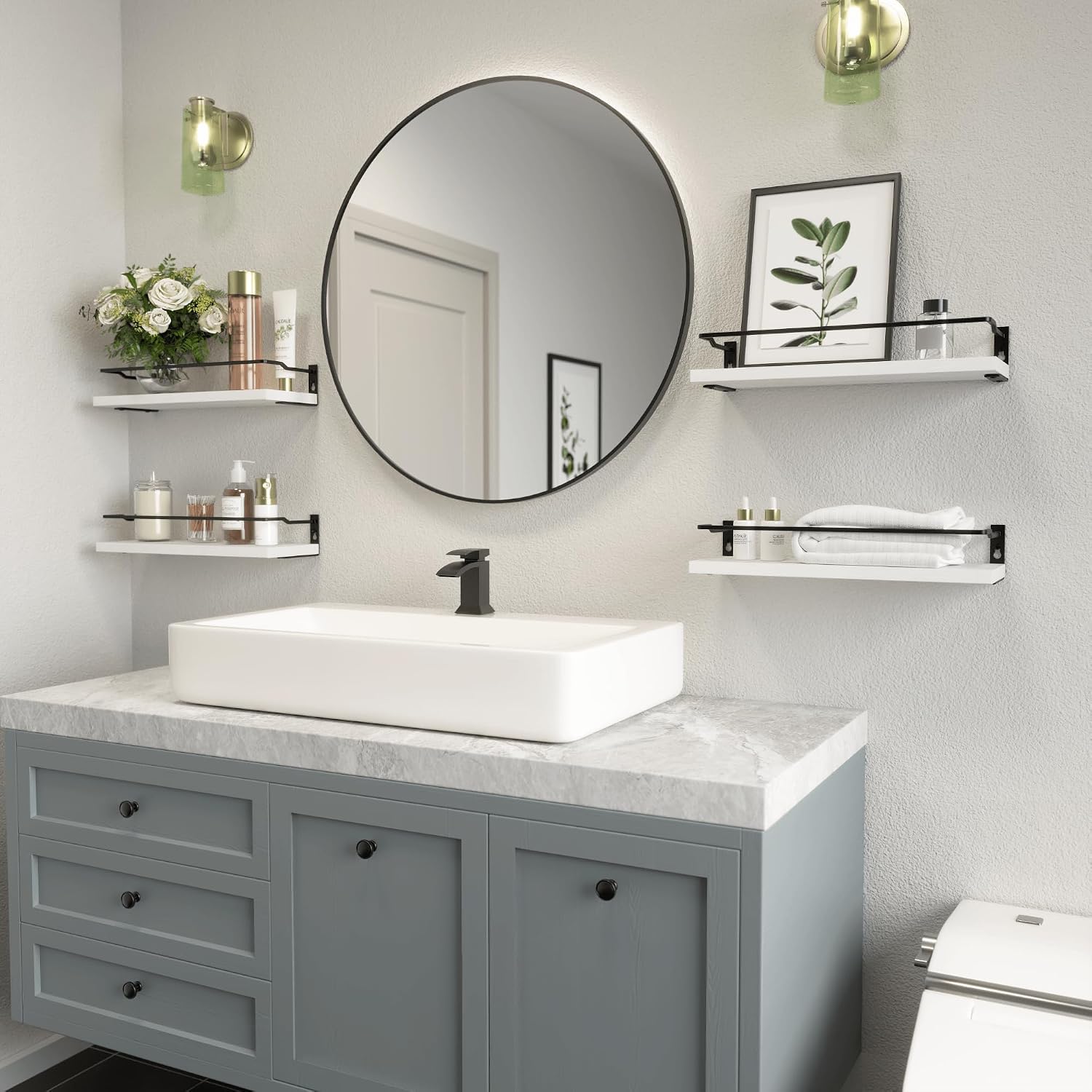 RICHER HOUSE White Bathroom Floating Wall Shelf Set of 4, Small Organizer Over Toilet Storage, Guard-Rail Kitchen