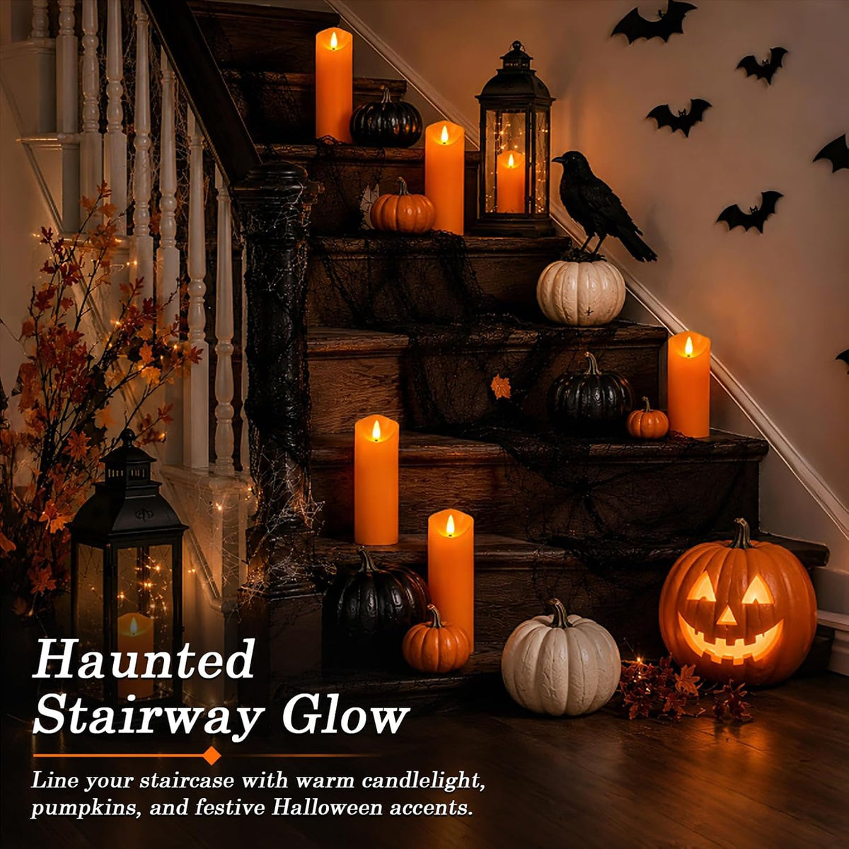Homemory Orange Halloween Flameless Candles, Remote Timer, 9 Pack | Battery operated LED pillar candles, remote timer