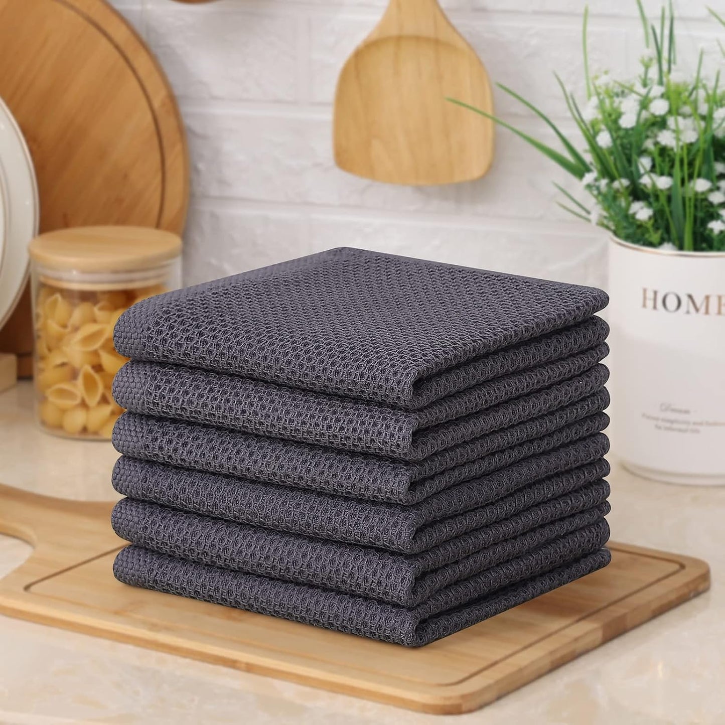 Kitinjoy 100% Cotton Waffle 12-Pack Kitchen Towels, 12" x 12", Dark Grey | Ultra Absorbent, Super Soft, lightweight