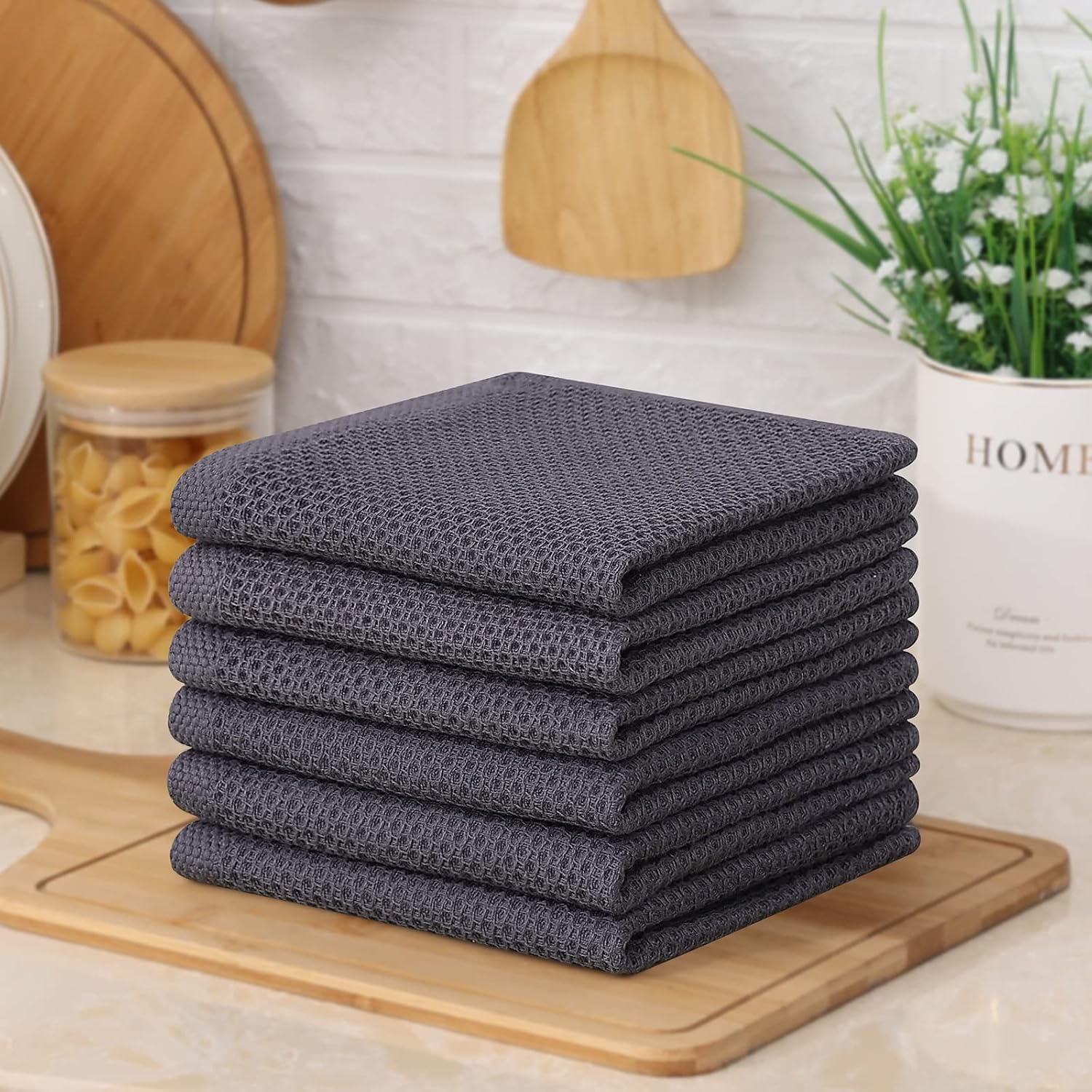 Kitinjoy 100% Cotton Waffle 12-Pack Kitchen Towels, 12" x 12", Dark Grey | Ultra Absorbent, Super Soft, lightweight