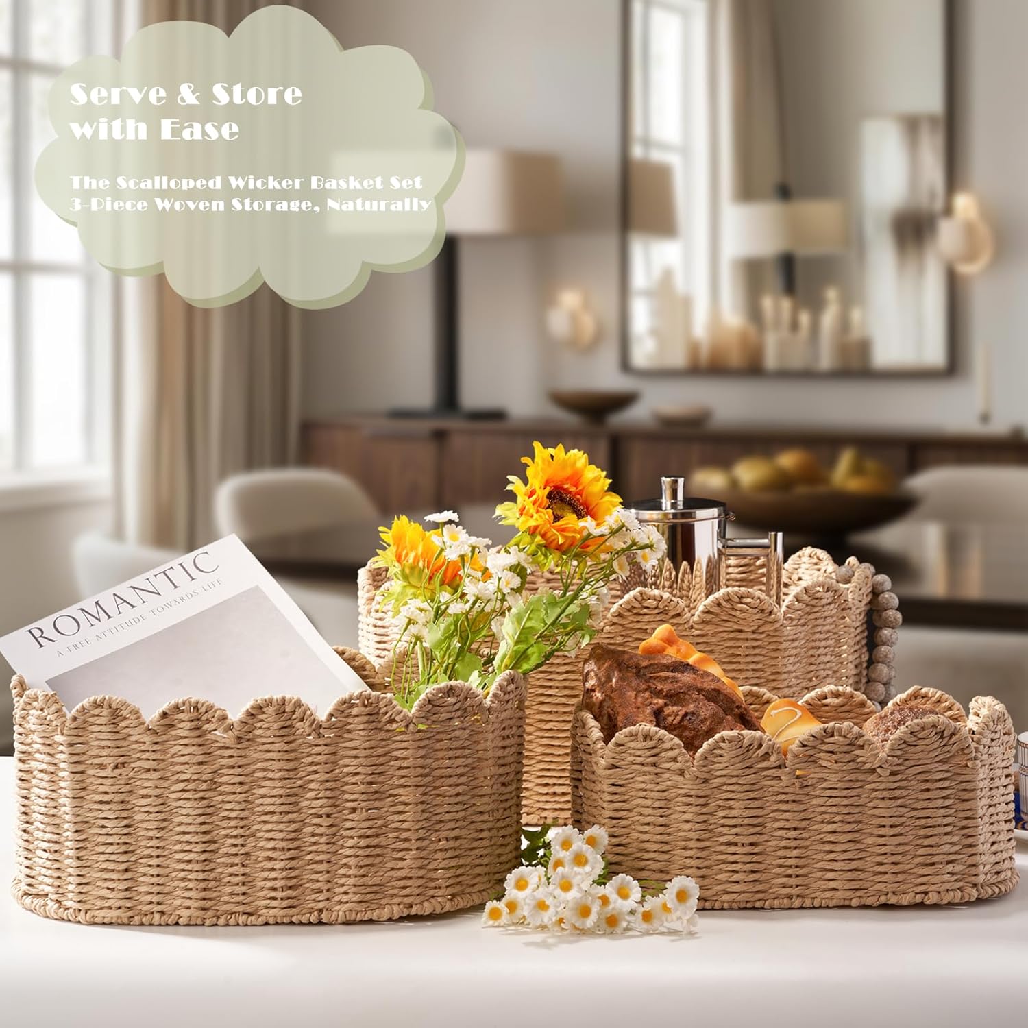 Scalloped Basket / Wicker Storage Baskets / Set of 3