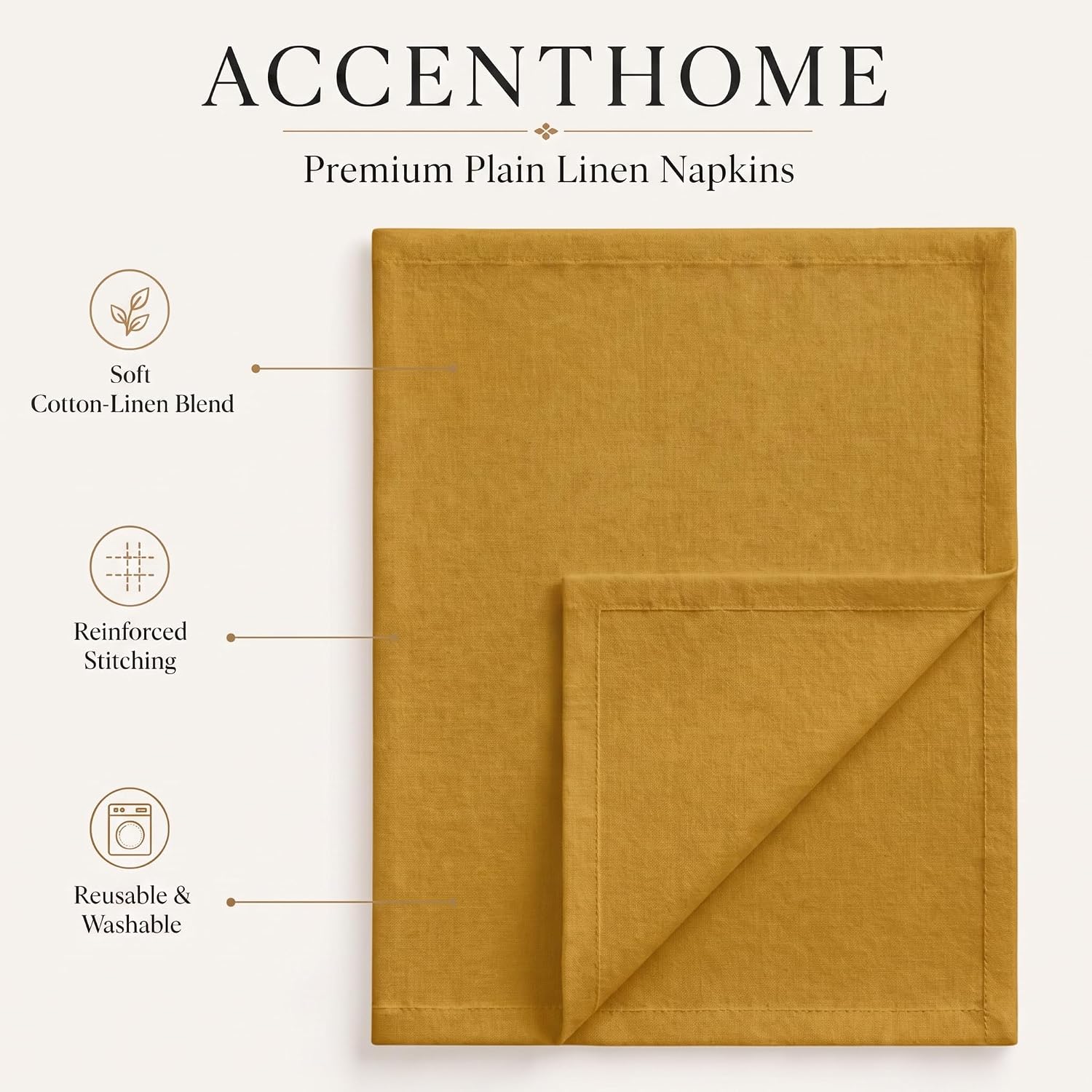 ACCENTHOME Mustard Cotton Linen Napkin Set of 12 18x18 inch Dinner Napkins | Cotton Linen Blend Napkins, Machine Wash