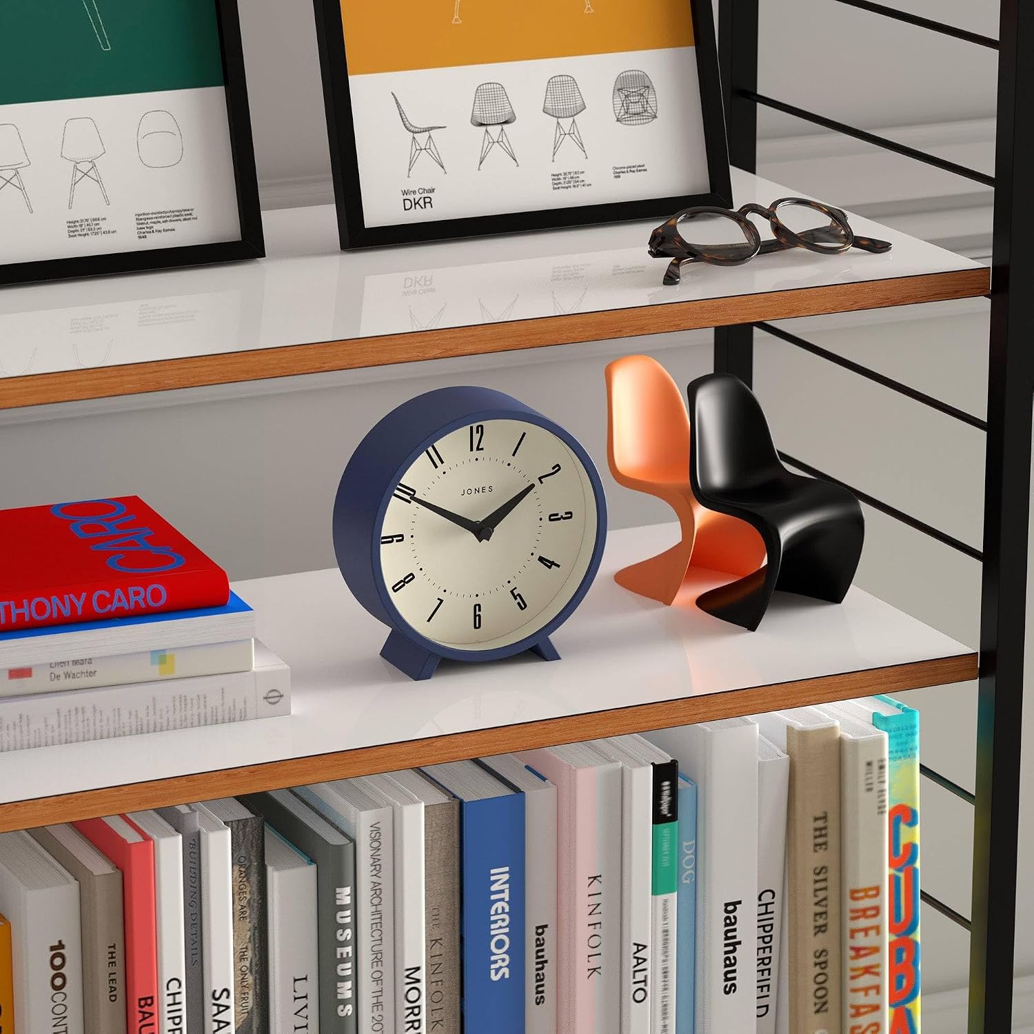 JONES CLOCKS® Venus Desk Clock | Modern Round Design | Blue | Stylish Retro Look for Shelf, Table, Mantel or Bedside