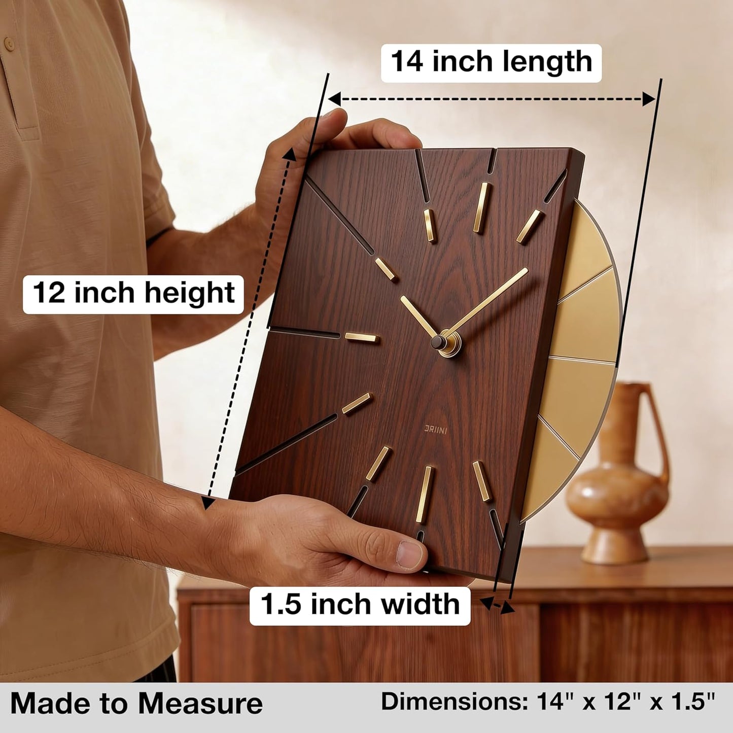 Driini Clocks Mid Century Modern Wall Clock - Square Wood Clock with Decorative Gold Accent- Unique and Cool Clock