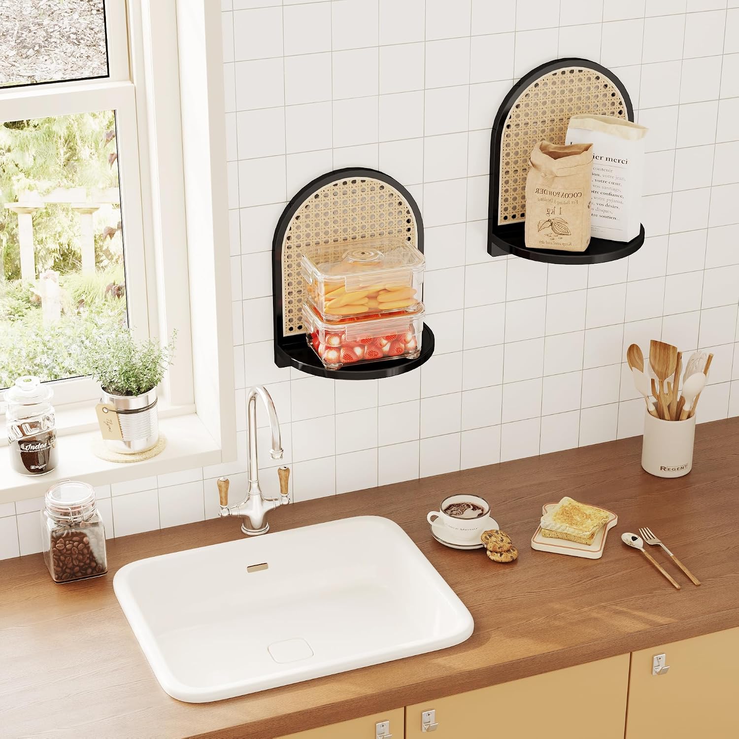 Boho Wall Decor Small Floating Shelf for Plant / Black / 9.25*5.41*11.61 Inch / Set of 2