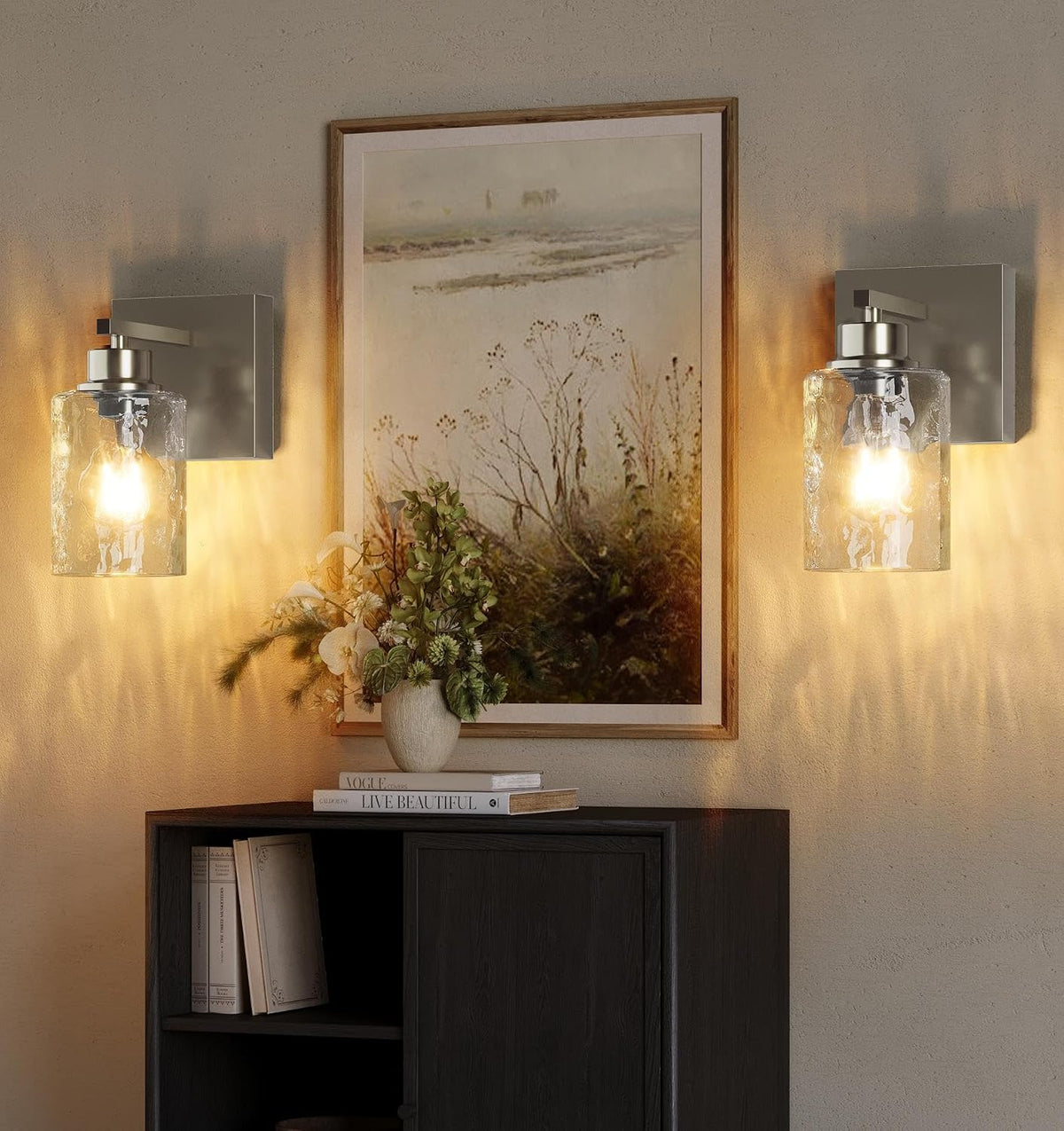 Hammered Glass Wireless Battery Operated Wall Sconces Set of Two Nickel | Dimmable Rechargeable Wall Lights with Remote