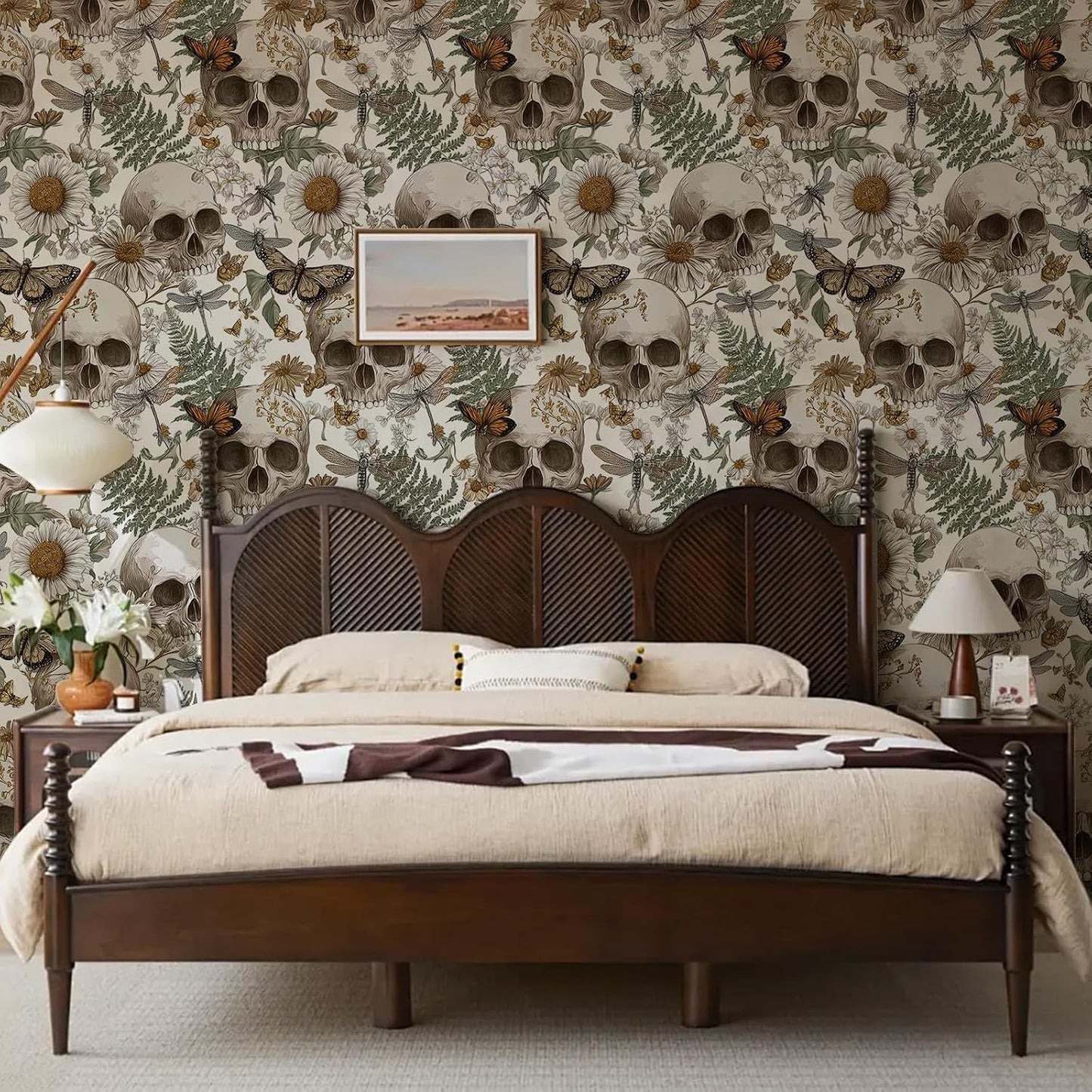 Skulls and Vintage Botanical Peel and Stick Wallpaper / 17.7 x 118.1 / Green/browns/white