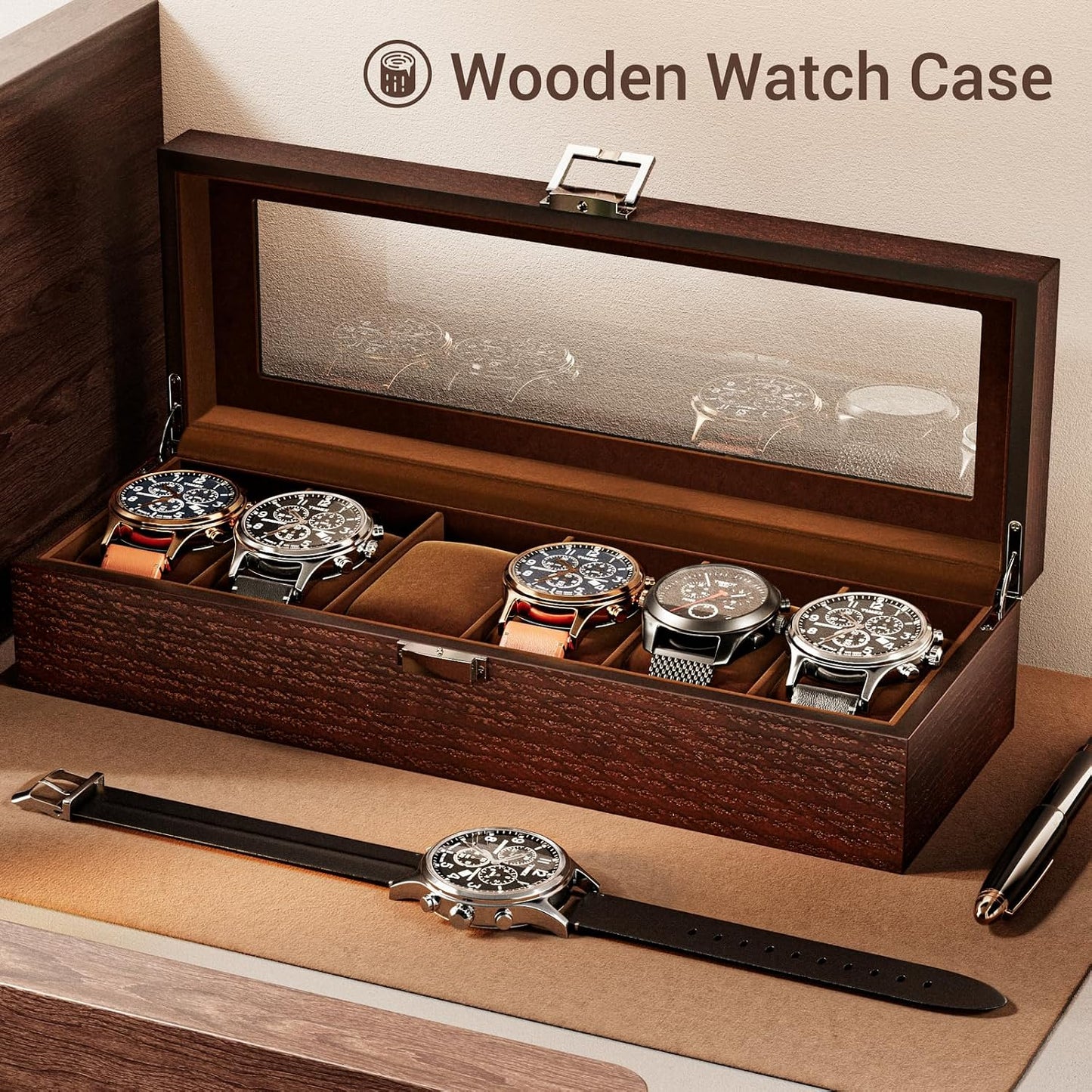 ProCase Wooden Watch Box, 6 Slot Mens Watch Display Case, Espresso | Wood Watches Holder Storage Organizer with Clear