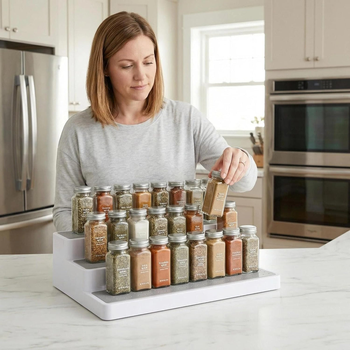 YAN & HIN 3 Tier Spice Rack Organizer for Cabinet, 3 Pack Non-Slip Spice Rack Shelf Organizer, Holds 24+ Jars, Plastic
