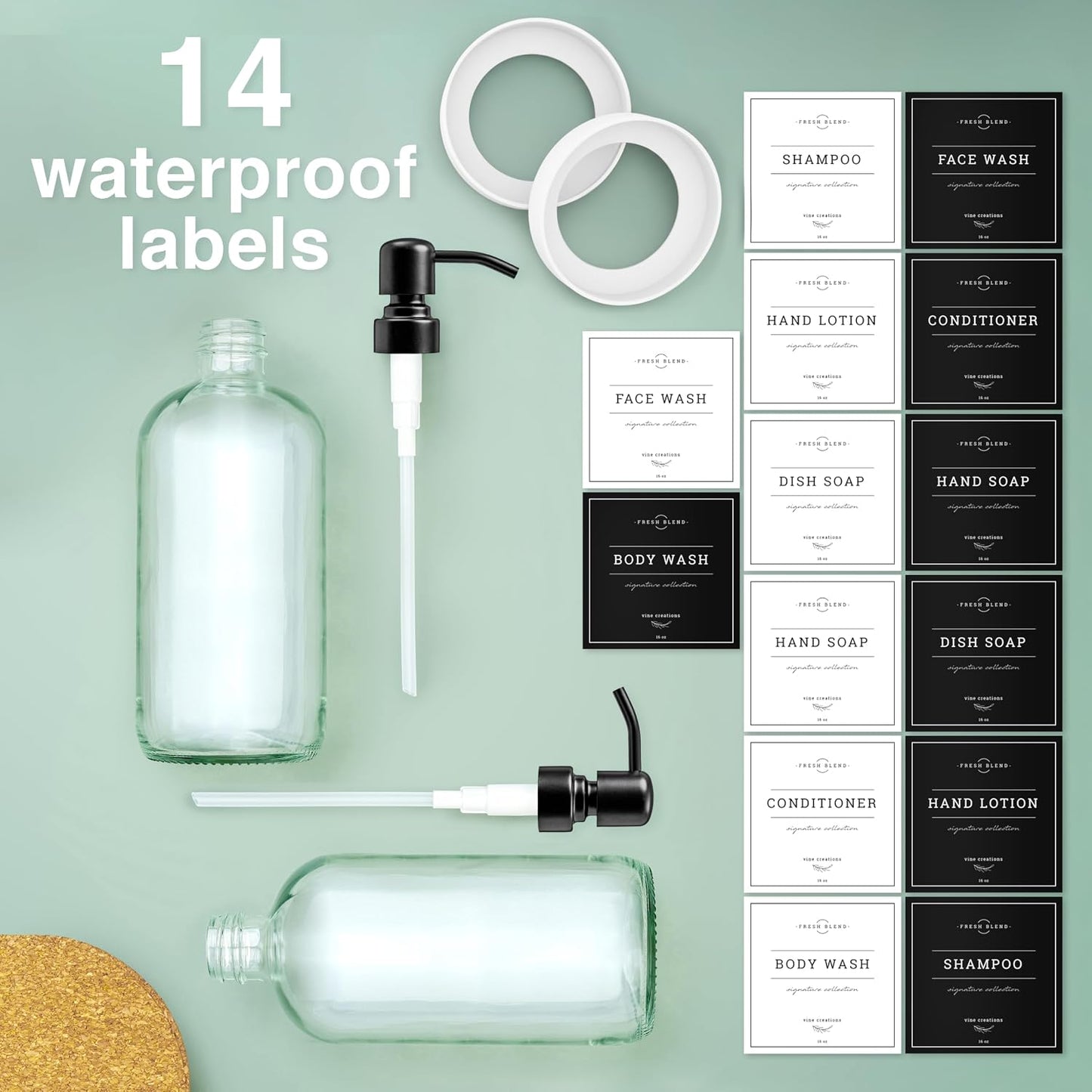 Vine Creations Clear Glass Soap Dispenser, 2 Pack Kitchen Soap Dispenser Set with Stainless Steel Pump, 16 oz Dish Soap