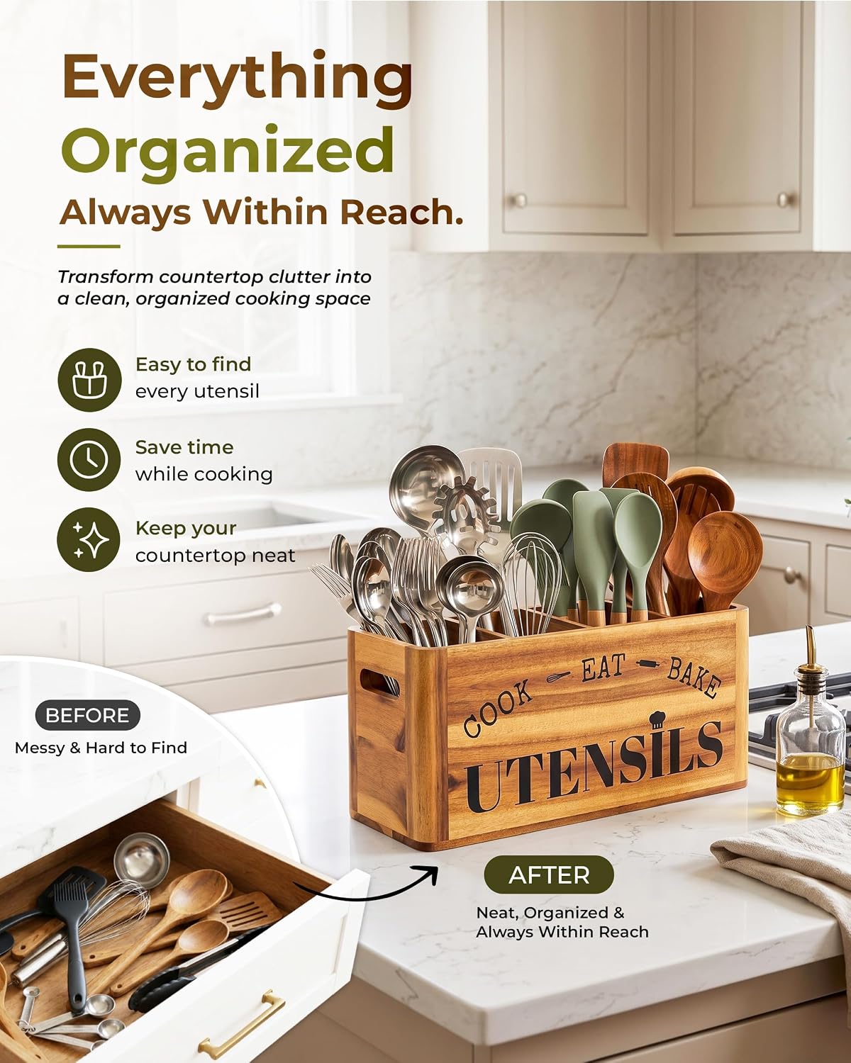 INSAGO Extra Large Acacia Wooden Kitchen Utensil Holder for Countertop | 4 Compartments Sturdy Utensil Holder