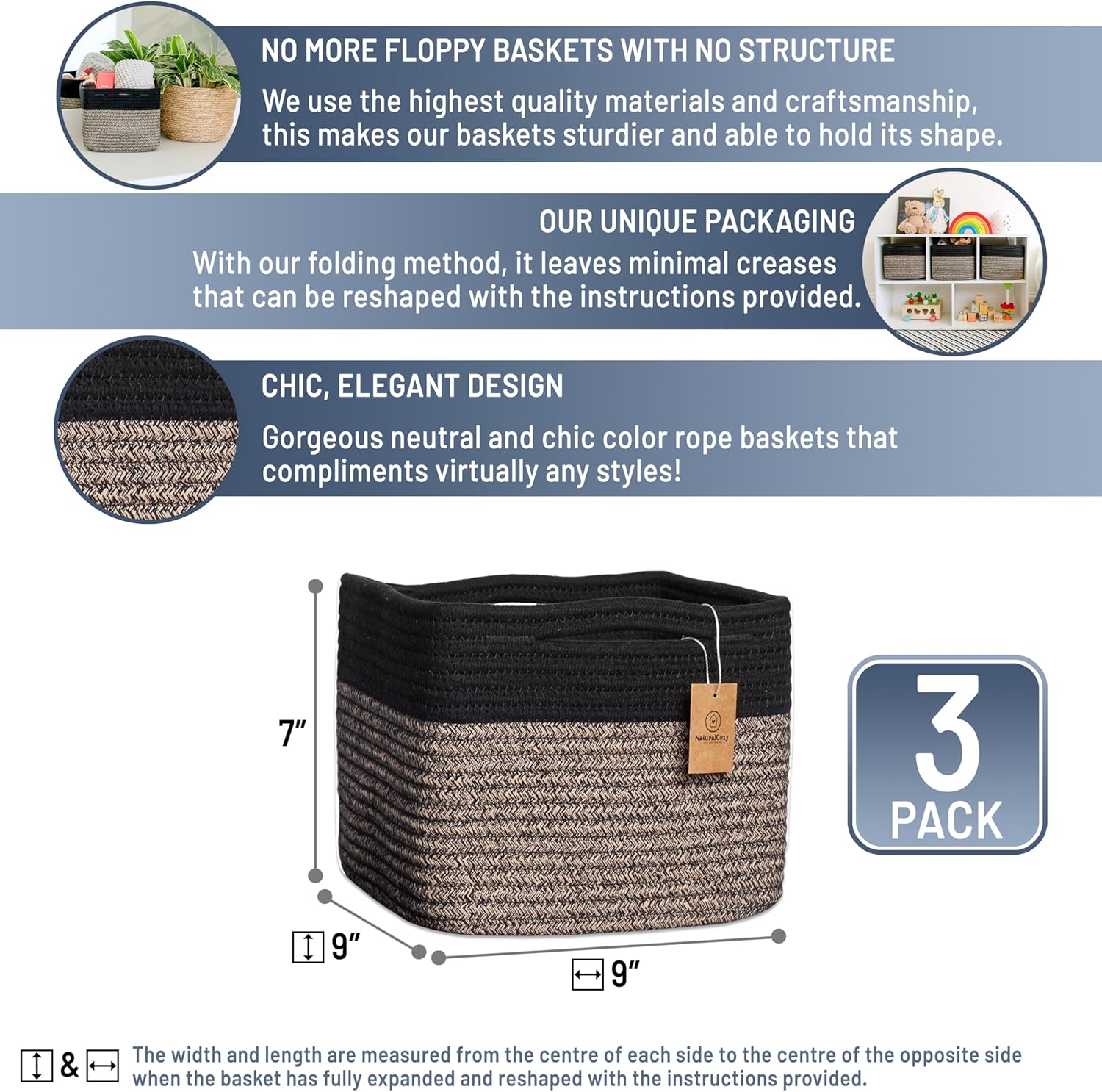 Storage Cubes "Cotton Rope Woven Baskets for Organizing / Black & Mixed Black / 9 x 9 x 7 / Set of 3