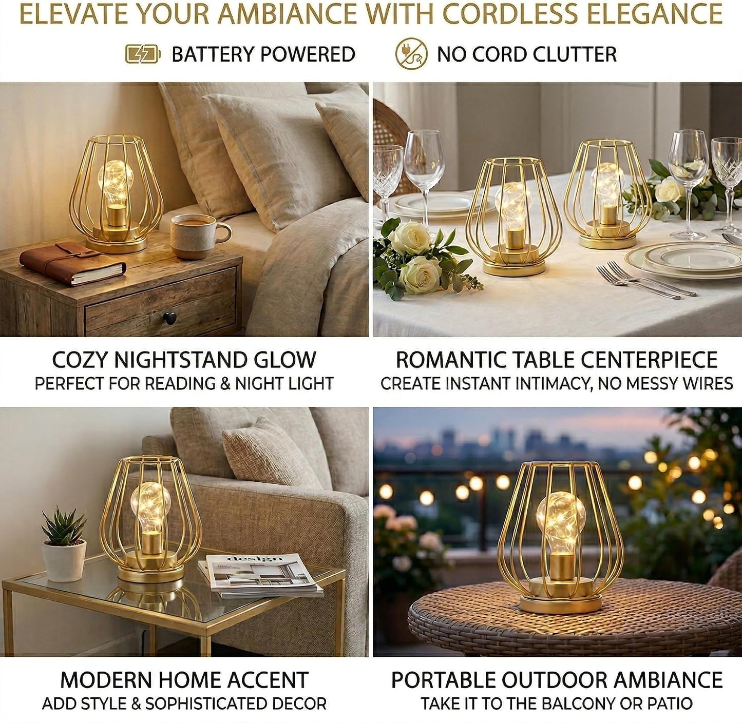 TRIROCKS Set of 2 Metal Battery Operated Lamp 7'' Tall Mini Cage Shape Cordless Table Lamp Battery Lanterns with Warm