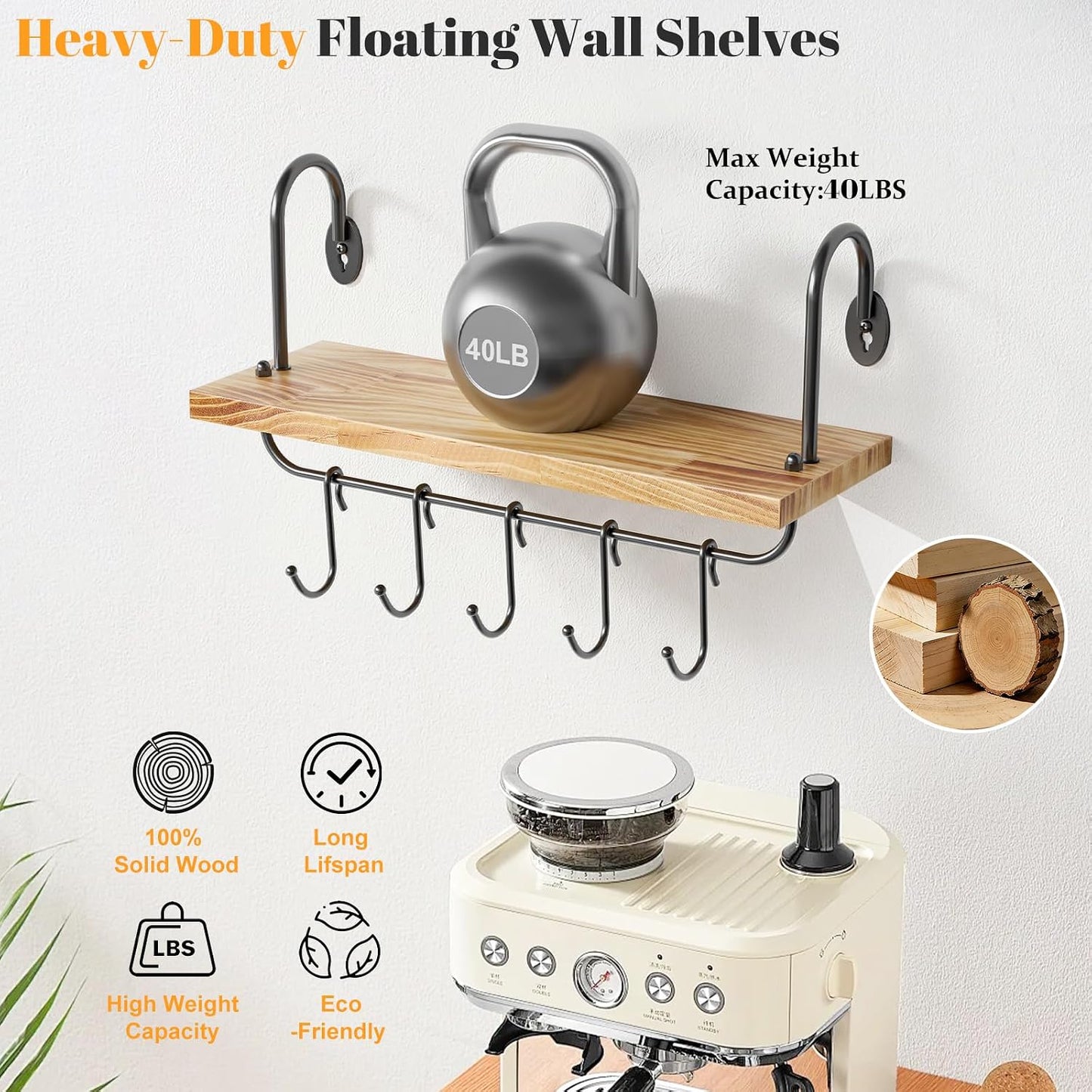 Olakee Floating Wall Shelves for Kitchen Bathroom Coffee Nook with 10 Adjustable Hooks for Coffee Mugs, Coffee Bar