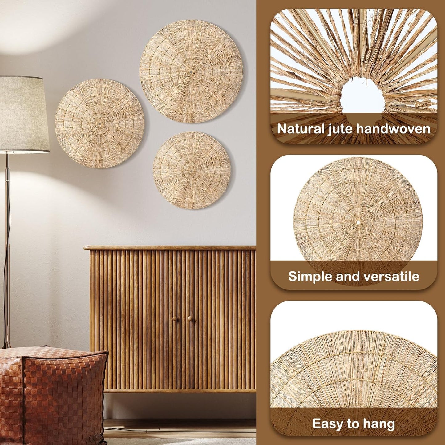 Wicker Wall Decor Oversized Jute Wall Hanging Basket Diameter " 24" 18" Round / 32 Inch / Set of 3