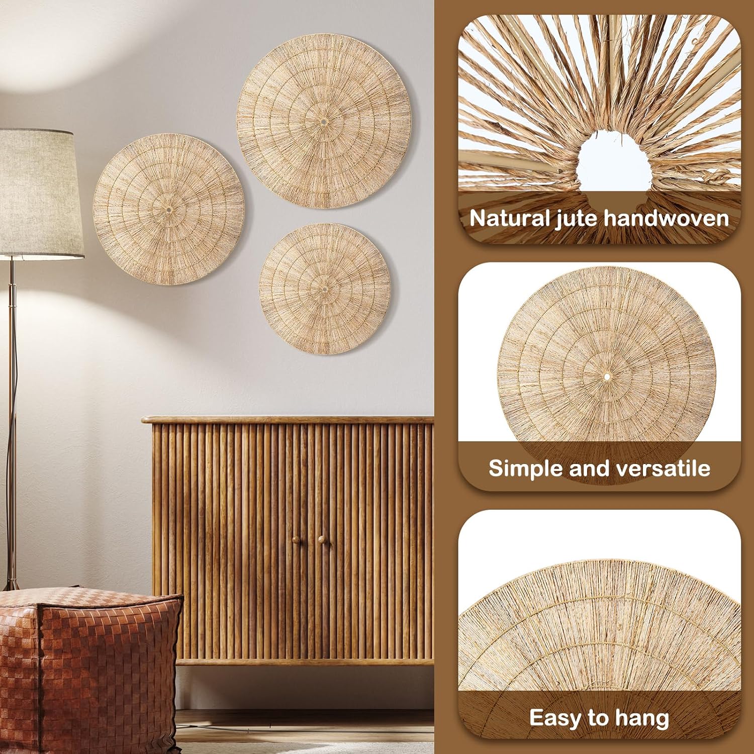 Wicker Wall Decor Oversized Jute Wall Hanging Basket Diameter " 24" 18" Round / 32 Inch / Set of 3