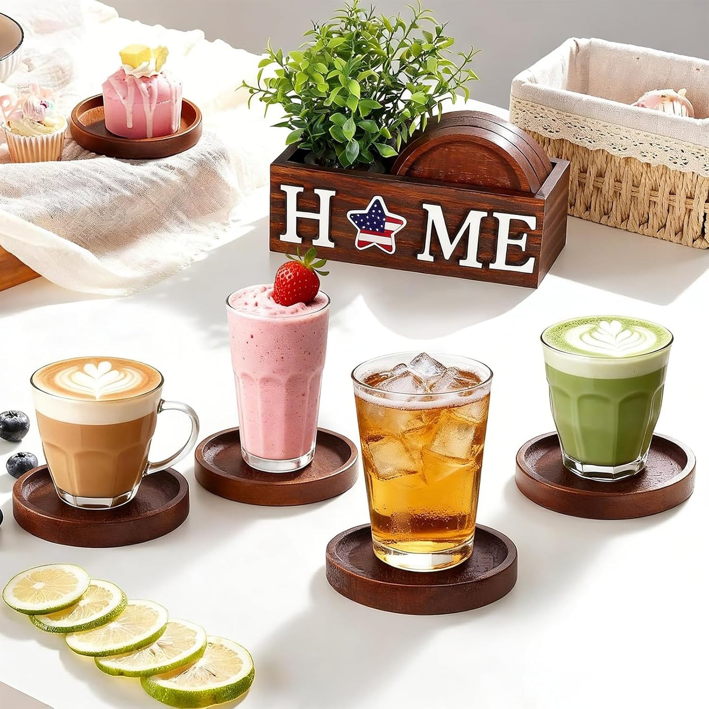 Interchangeable Home Sign Plants Potted Wooden Coaster Set / Green / Set of 4