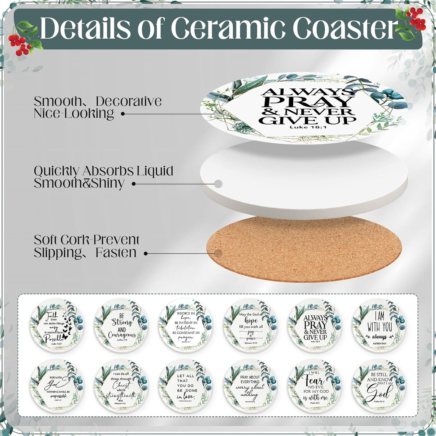 Christian Coasters Bulk for Church Religious Bible Verse Ceramic Cork / Leaf Style / Set of 12