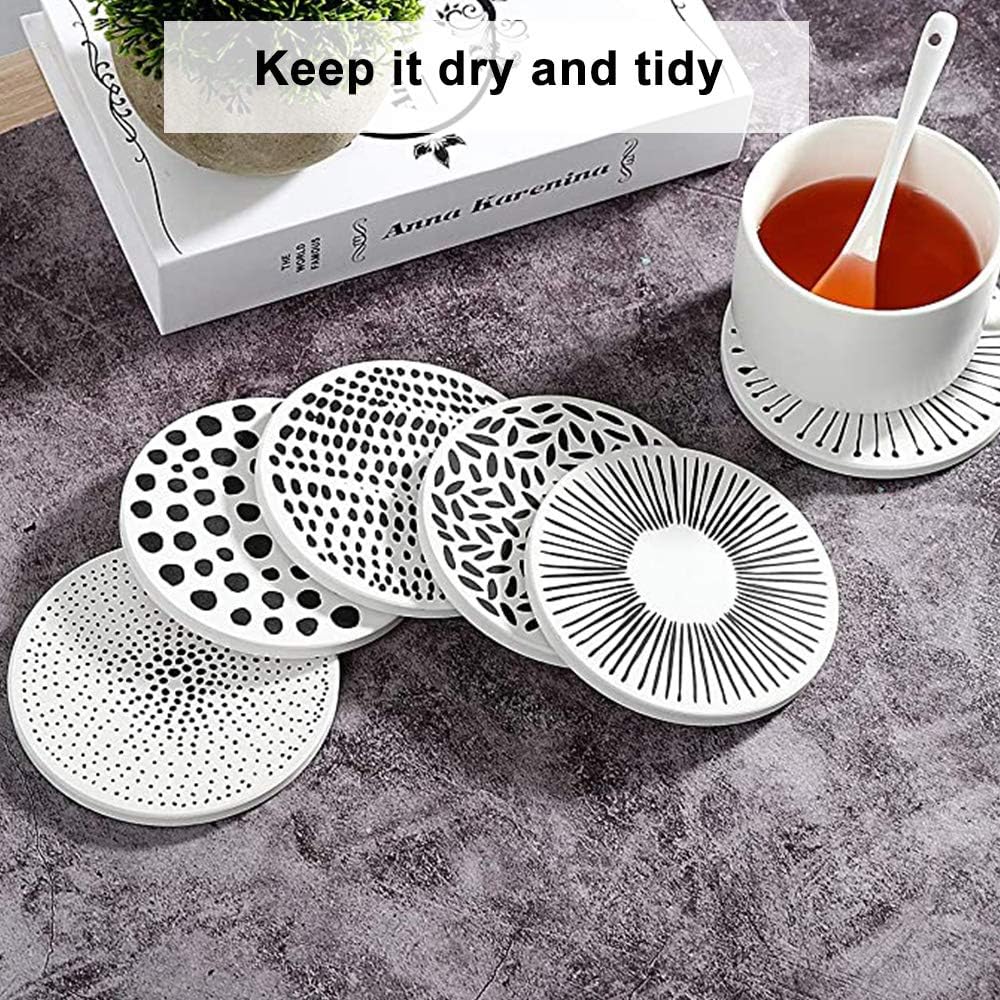 Holder Absorbent Ceramic Stone Coasters / White and Black / Set of 6