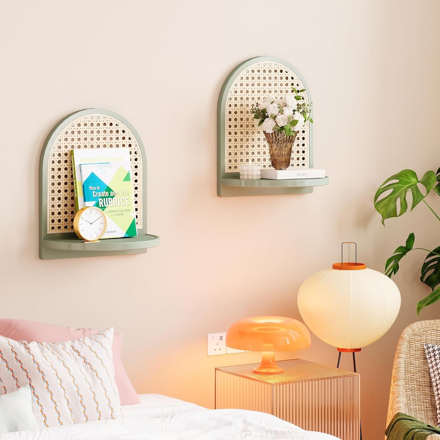 Unique Small Display Shelves / Green Rattan Shelf